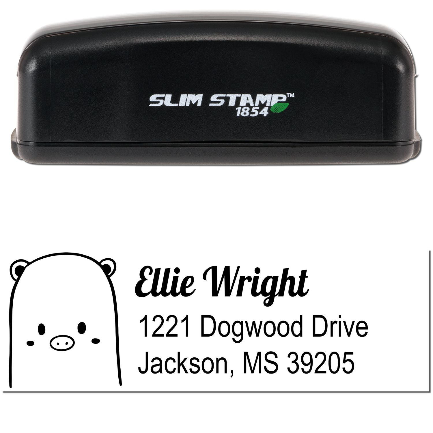 Image of a Slim Pre-Inked Beautiful Bear Customized Mail Address Stamp. The stamp features a cute bear design and the text "Ellie Wright, 1221 Dogwood Drive, Jackson, MS 39205." Ideal for a Customized New Address Stamp.