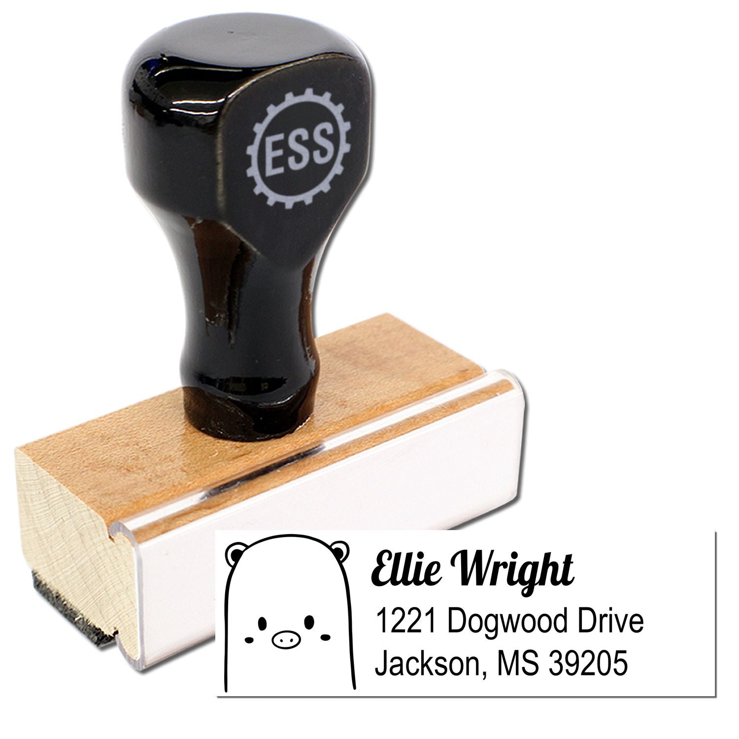 Wood handle rubber stamp with "ESS" logo, featuring a beautiful bear design. Custom address label and personalizable return mail stamp with the name "Ellie Wright" and address "1221 Dogwood Drive, Jackson, MS 39205."