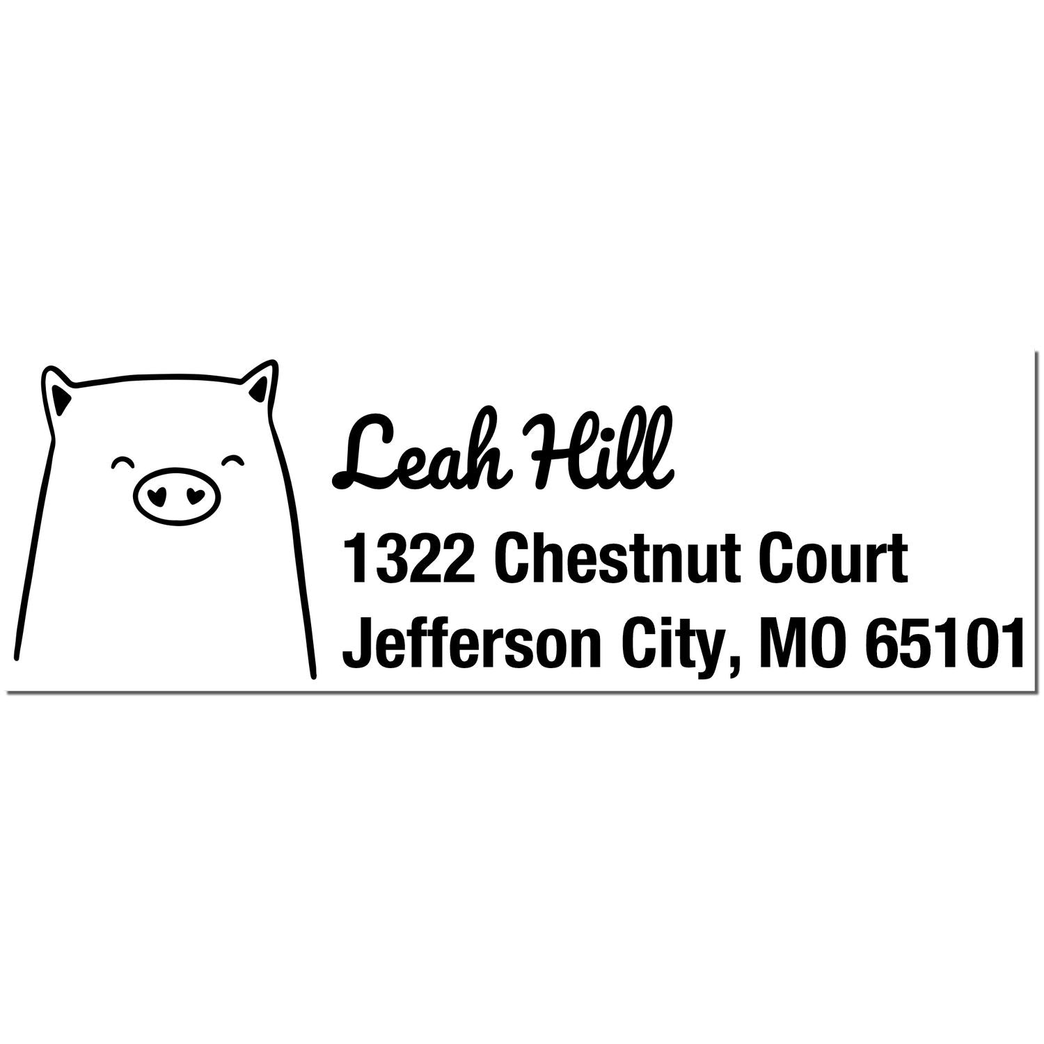 Image of a Wood Handle Cheery Pig Customized Address Rubber Stamp featuring a cute pig illustration. The Personalized New Address Stamper displays the name "Leah Hill" with an address in Jefferson City, MO.