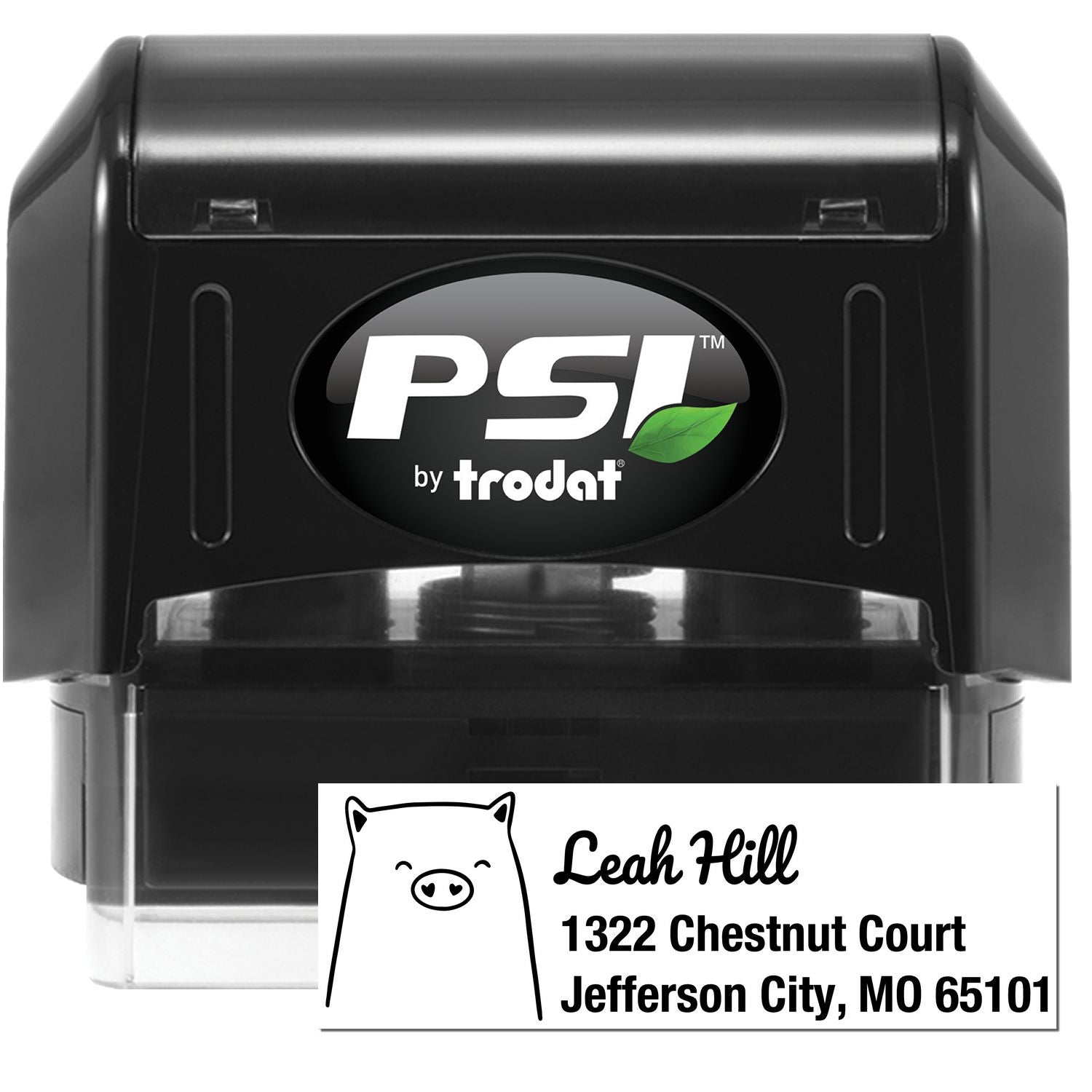 Image of a PSI Cheery Pig Customize Address Return Pre-Inked Stamp. The black stamper features a custom-made home stamper design with a pig illustration and personalized address details for Leah Hill, 1322 Chestnut Court, Jefferson City, MO 65101.