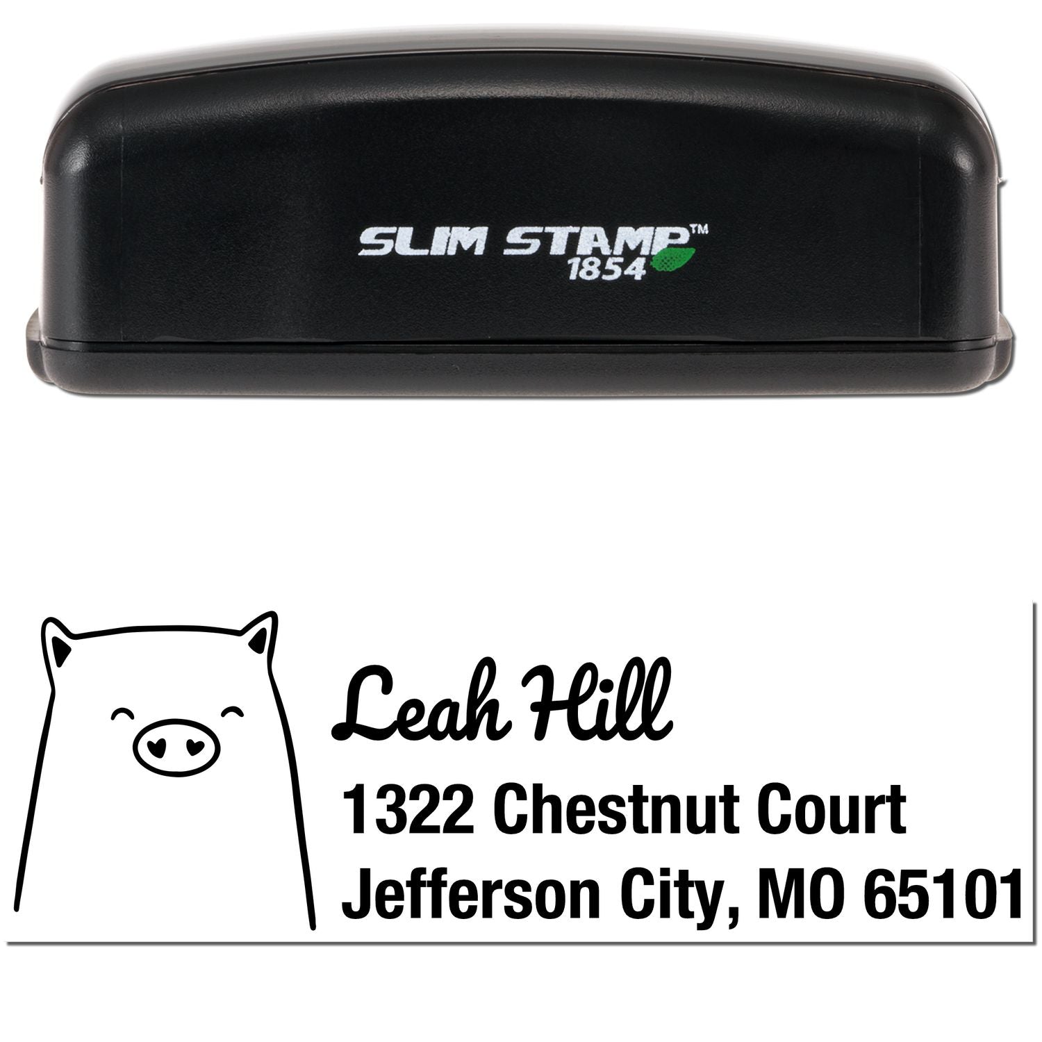 Slim Pre-Inked Cheery Pig Customized New Address Stamp featuring a black Slim Stamp 1854. Below, a Customized Home Stamper design shows a smiling pig illustration with the name Leah Hill and address: 1322 Chestnut Court, Jefferson City, MO 65101.