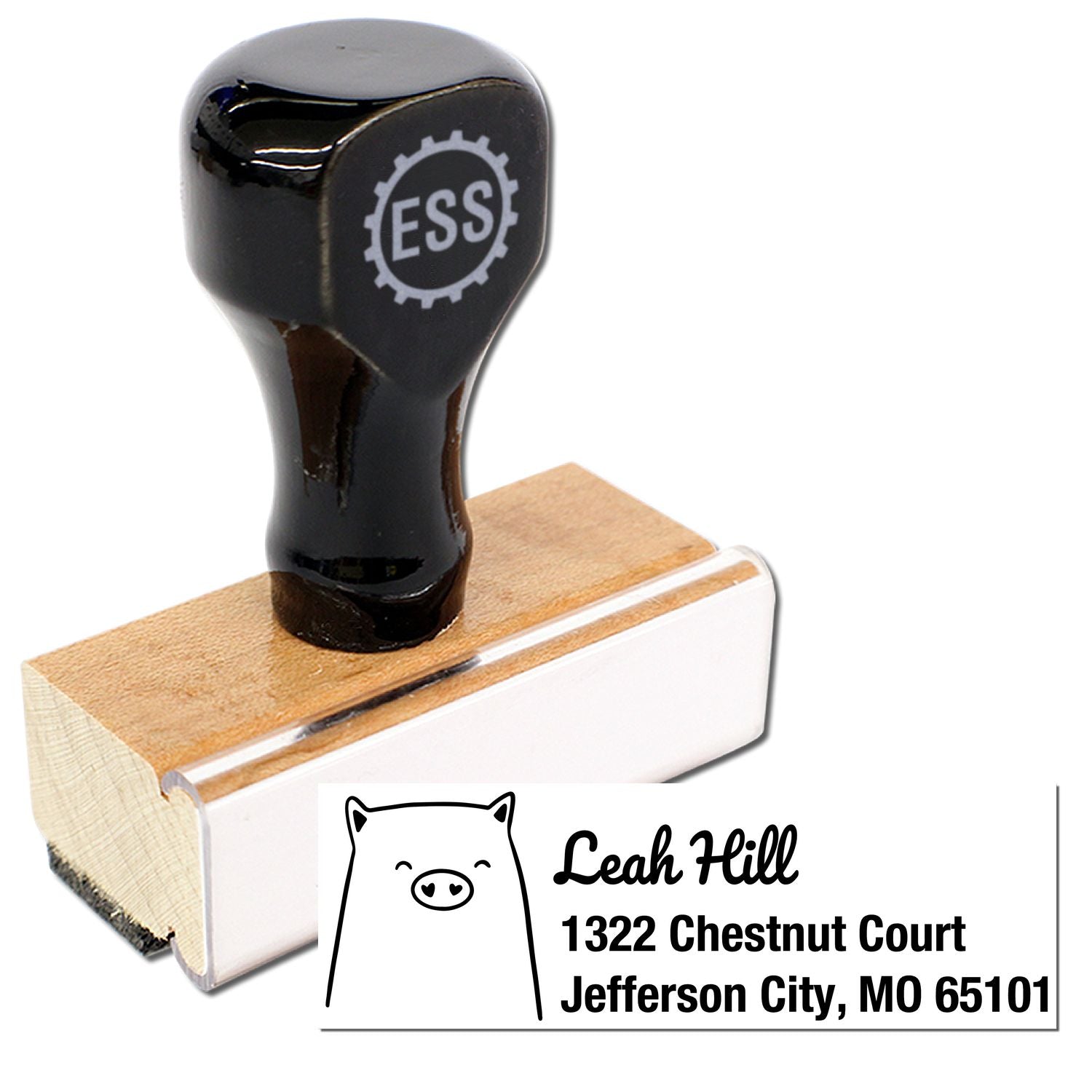 Image of a Wood Handle Cheery Pig Customized Address Rubber Stamp with a black top and wooden base. The stamp features a personalizable home stamp design, including a pig illustration and address details.