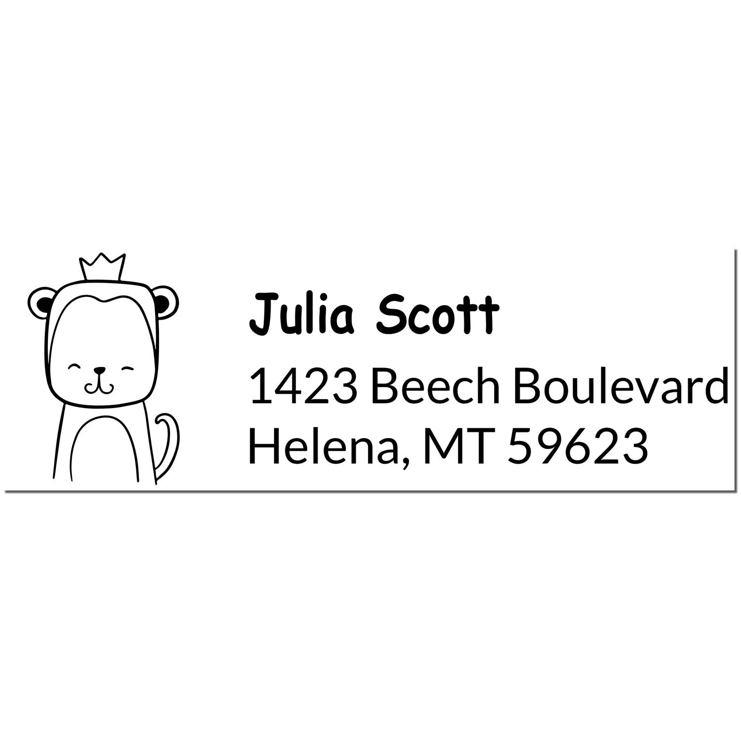 Wood Handle Mischievous Monkey Customized Return Address Rubber Stamp featuring a cute monkey with a crown. Text reads "Julia Scott, 1423 Beech Boulevard, Helena, MT 59623." Ideal as a Customized Home Stamper for personalizing mail.