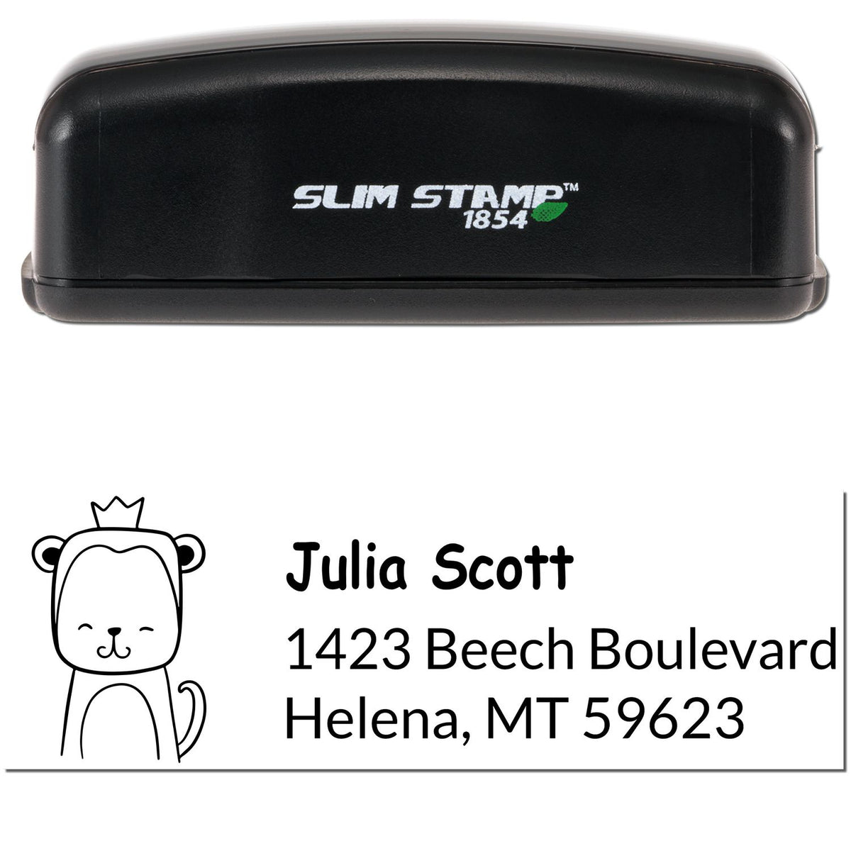 Image of a Slim Pre-Inked Mischievous Monkey Customized Home Address For Envelopes Stamp. The stamp features a cute monkey illustration with a crown, and the text "Julia Scott, 1423 Beech Boulevard, Helena, MT 59643." Ideal as a Custom Home Stamp.
