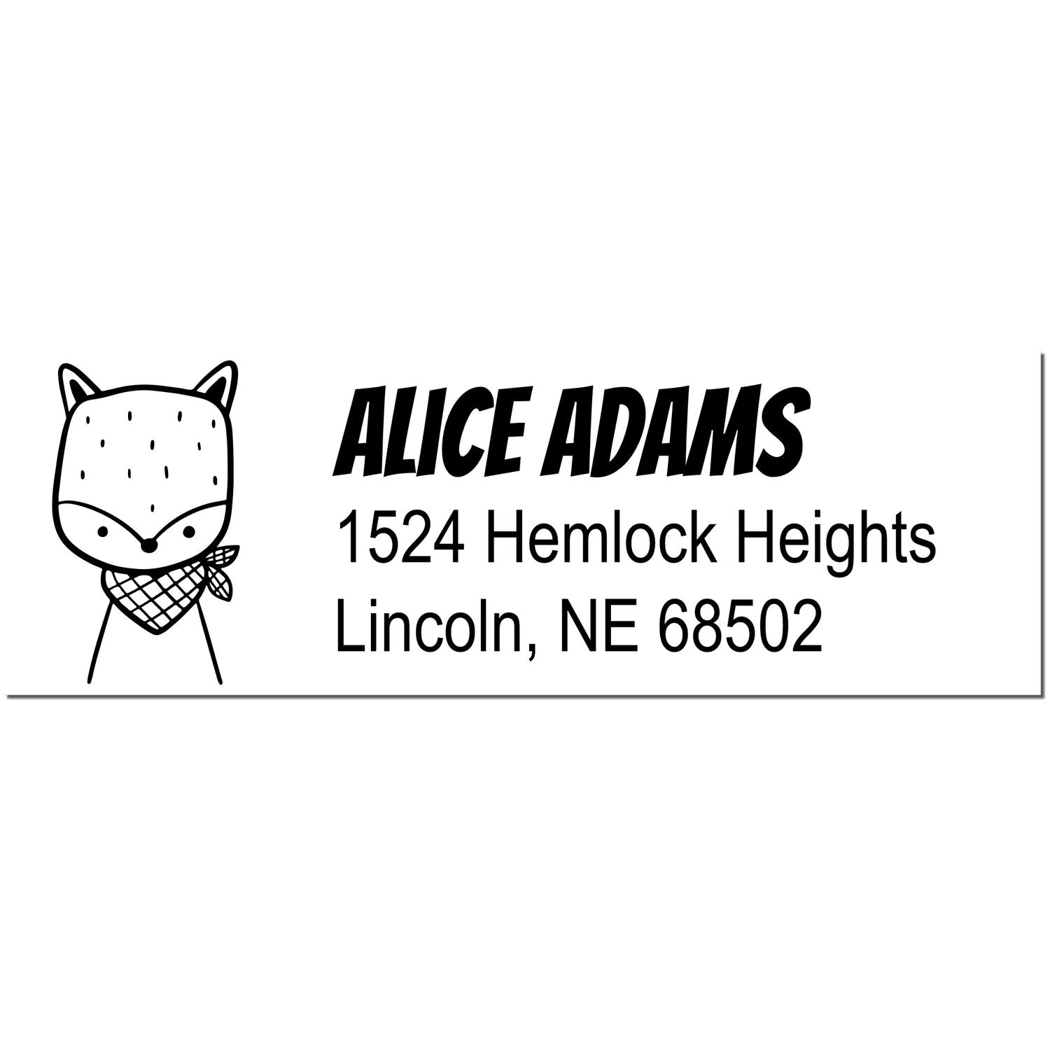 Wood handle fancy fox customized name and address rubber stamp featuring a cute fox illustration. Personalized return mail stamp with the name "Alice Adams" and address "1524 Hemlock Heights, Lincoln, NE 68502" in bold, stylish font.