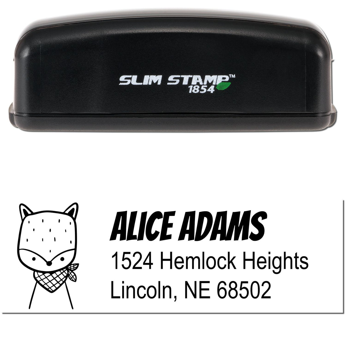 Image of a Slim Pre-Inked Fancy Fox Customized Address Label Stamp featuring a black casing with "Slim Stamp 1854" text. Below is a Custom Mailing Stamp design with a fox illustration and sample address for Alice Adams, 1524 Hemlock Heights, Lincoln, NE 68502.