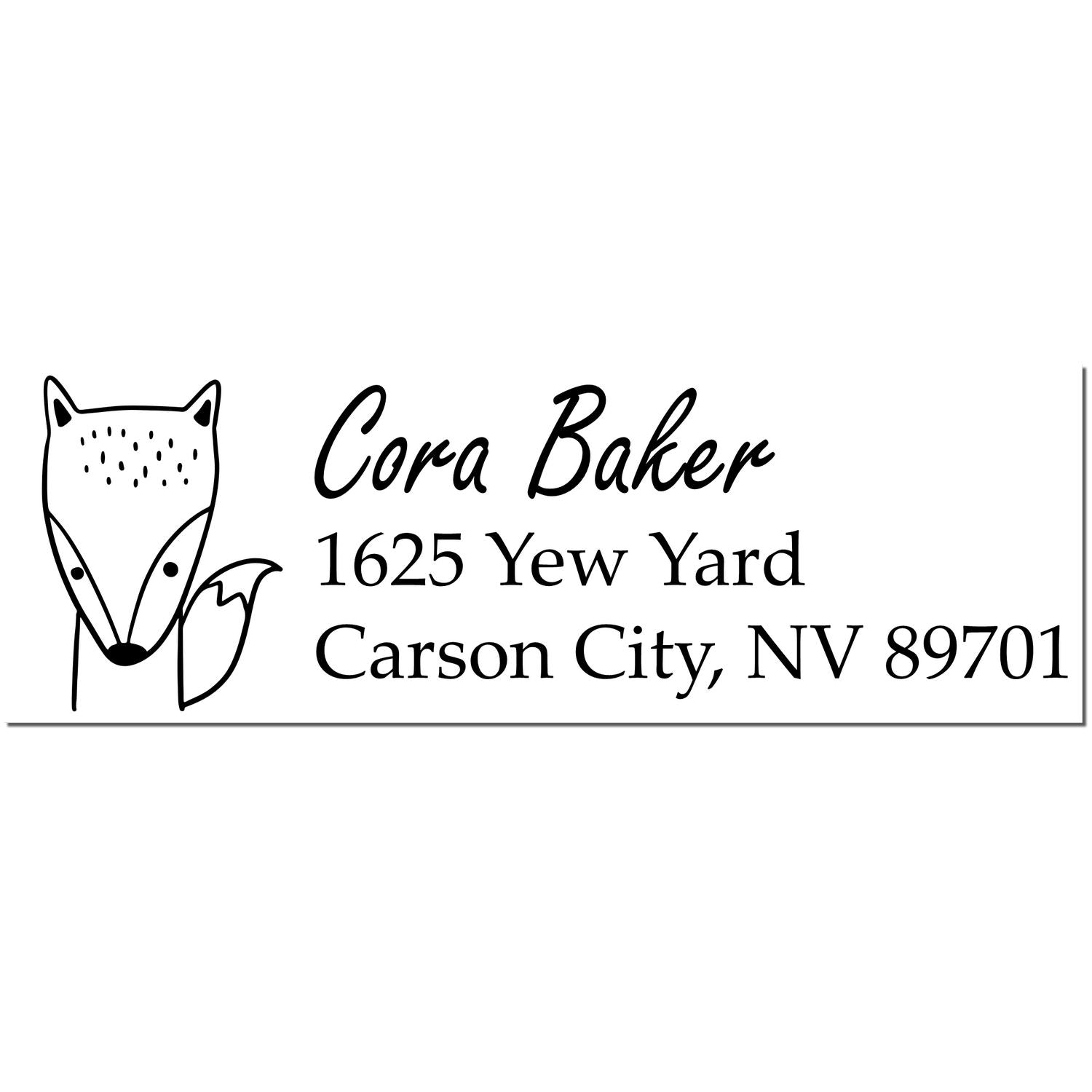 Fast Fox Personalized Address Return Self-Inking Stamp featuring a fox illustration and custom return mail stamp design. Displays the name "Cora Baker" with an address in Carson City, NV.