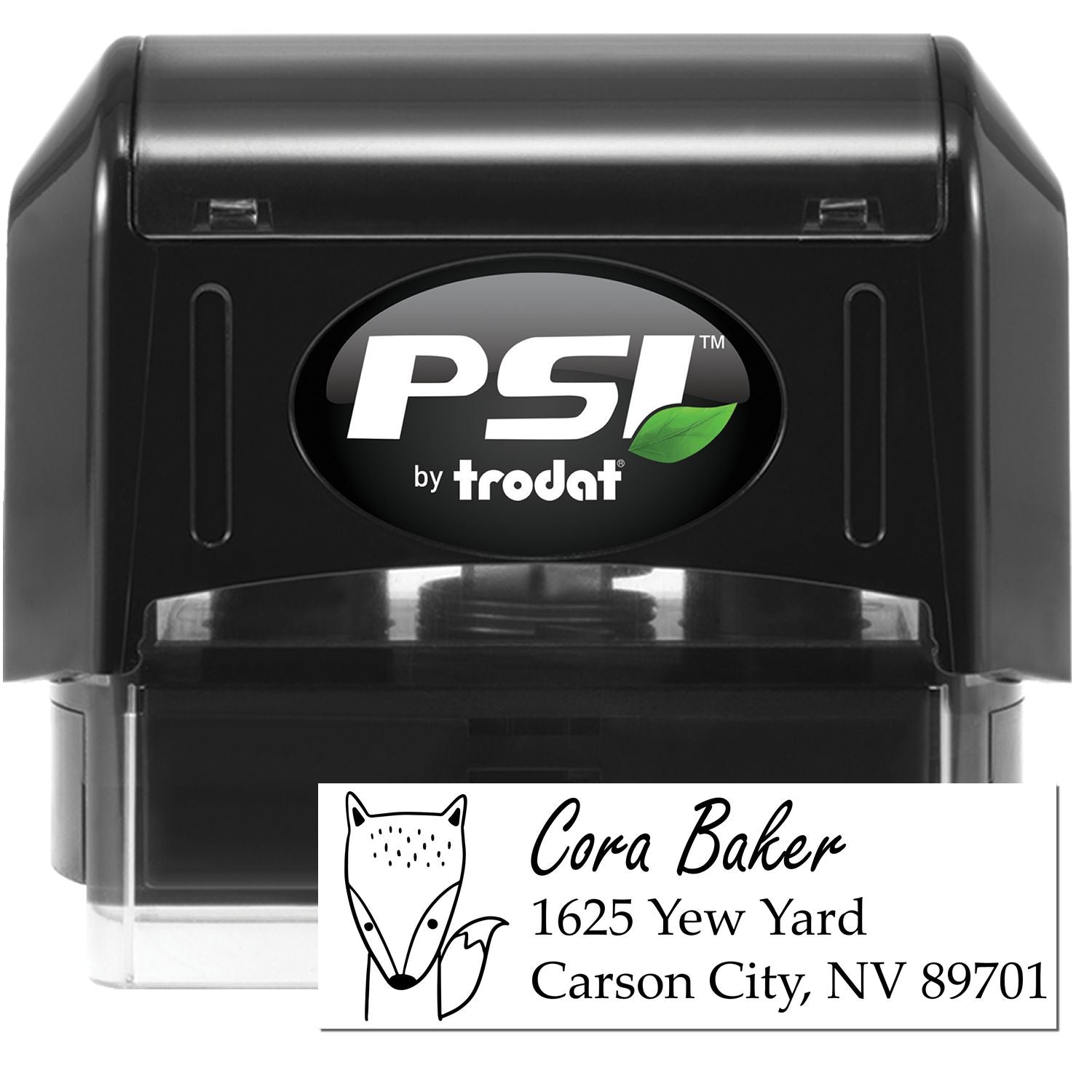 Image of a PSI Fast Fox Customize New Address Pre-Inked Stamp. The Personalized New Address Stamper features a black casing with a sample imprint showing a fox illustration, name, and address: "Cora Baker, 1625 Yew Yard, Carson City, NV 89701."