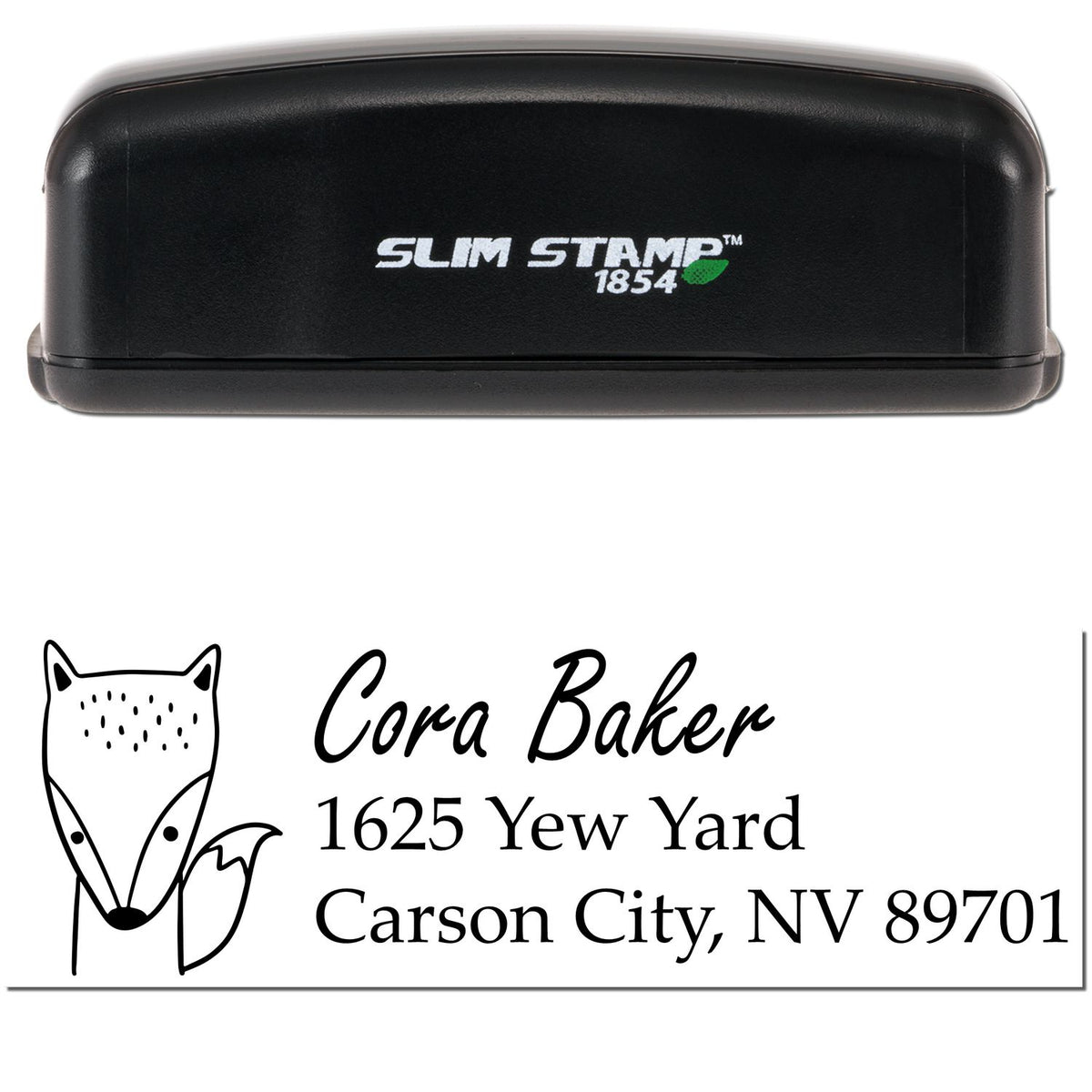 Image of a Slim Pre-Inked Fast Fox Handmade Address Stamp featuring a sleek black design. The stamp displays a custom-made new address with a fox illustration and the name "Cora Baker" with an address in Carson City, NV.