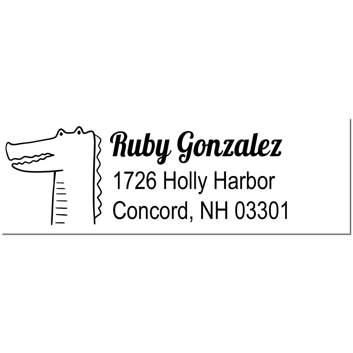 PSI Bright Eyed Crocodile Customize Home Address For Envelopes Pre-Inked Stamp featuring a crocodile illustration and the text "Ruby Gonzalez, 1726 Holly Harbor, Concord, NH 03301." This Customized Address Stamp adds a playful touch to envelopes.