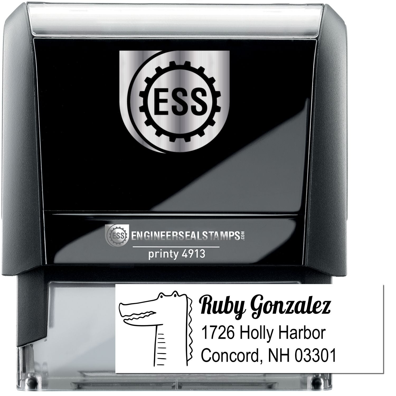 Bright Eyed Crocodile Personalized Mailing Address Self-Inking Stamp with a custom-made return mail stamp design. Features a crocodile graphic and personalized address for Ruby Gonzalez, 1726 Holly Harbor, Concord, NH 03301.
