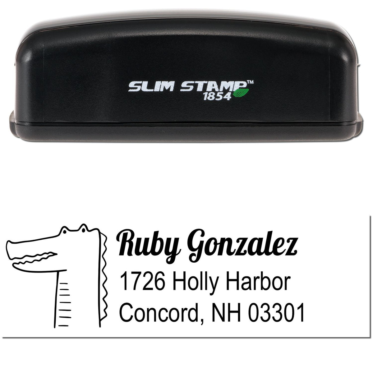 Image of a Slim Pre-Inked Bright Eyed Crocodile Handmade Return Address Stamp. The Personalized Address Stamper features a crocodile design and the name "Ruby Gonzalez" with an address in Concord, NH. The stamp casing is black with "Slim Stamp 1854" printed on it.