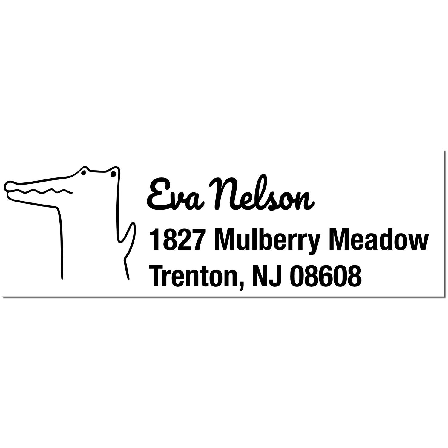Wood Handle Charming Crocodile Customized Home Address Rubber Stamp featuring a crocodile illustration and customizable home stamp design with the name "Eva Nelson" and address "1827 Mulberry Meadow, Trenton, NJ 08608" in black text.