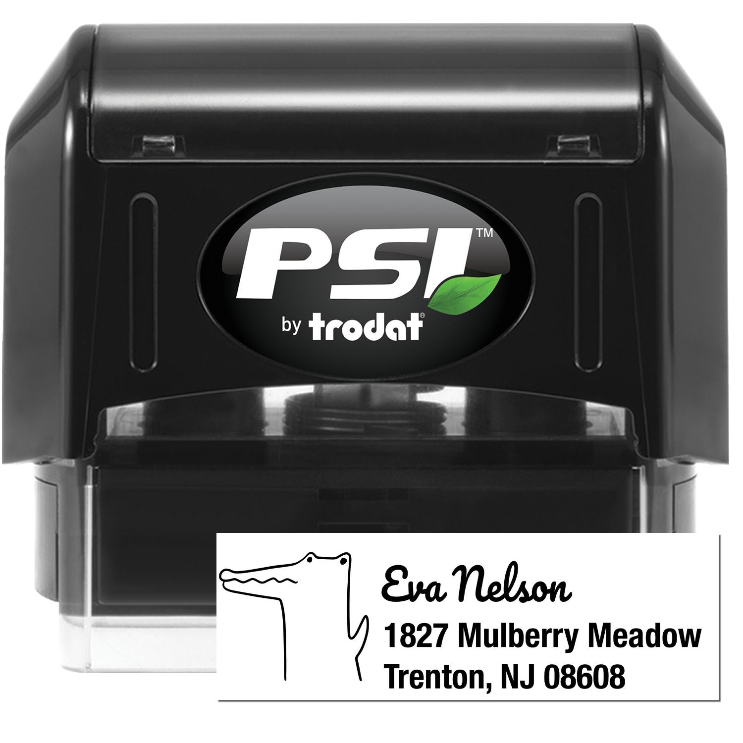 Image of a PSI Charming Crocodile Customize Address Label Pre-Inked Stamp. The stamp features a customizable return mail stamp design with a crocodile illustration and sample address. The black casing is branded with "PSI by Trodat."