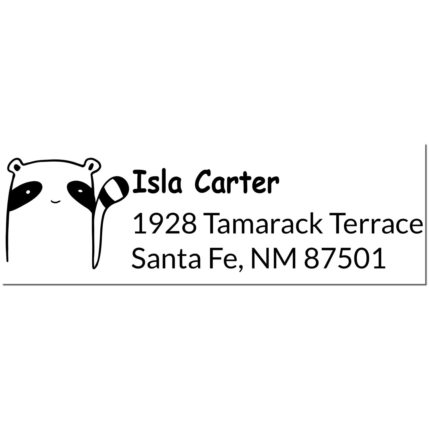 Image of a PSI Renegade Racoon Customizable Address Pre-Inked Stamp featuring a raccoon design. The Custom Return Mail Stamp displays the name "Isla Carter" and address "1928 Tamarack Terrace, Santa Fe, NM 87501" in black ink.