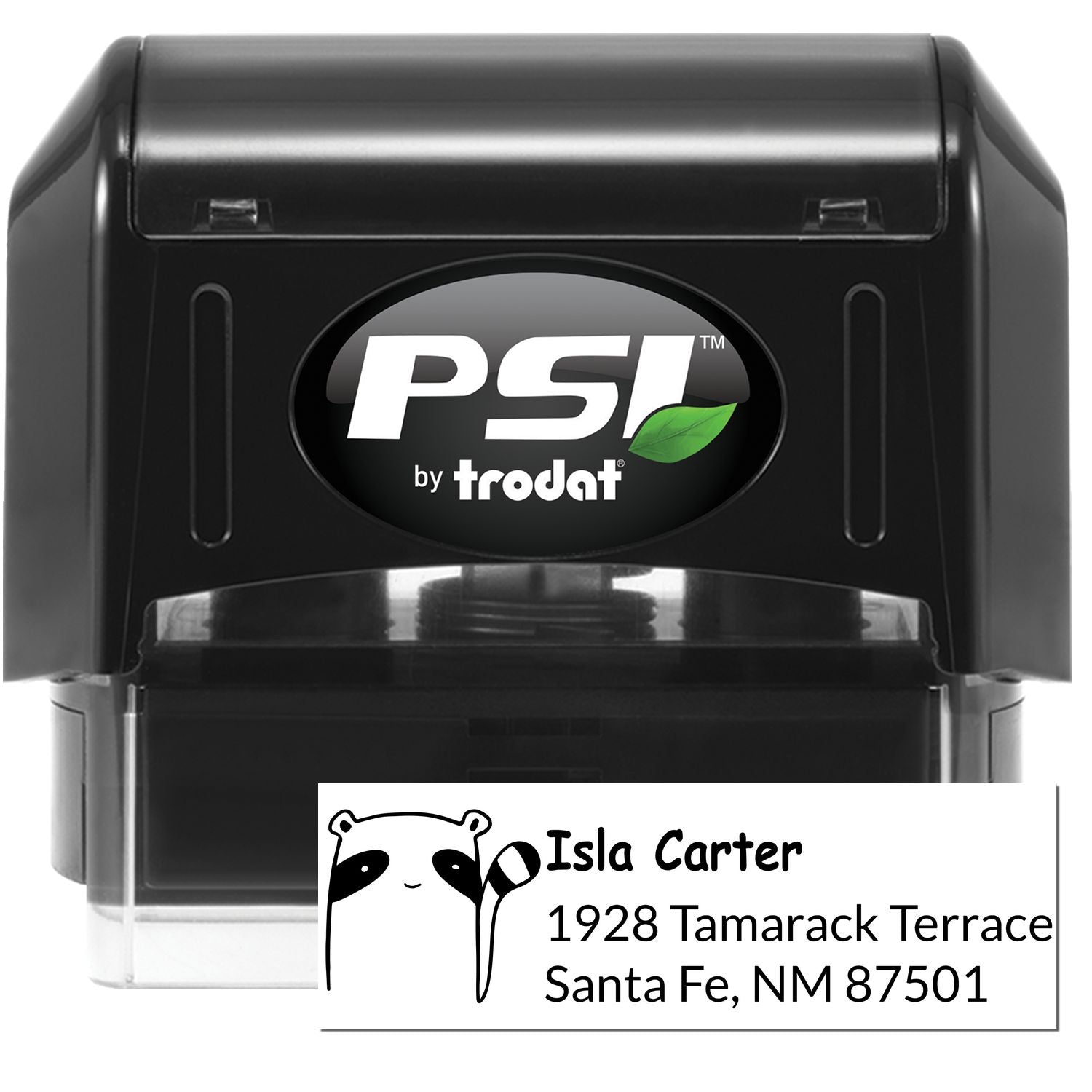 Black PSI Renegade Racoon Customizable Address Pre-Inked Stamp by Trodat, featuring a Personalized Return Mail Stamper design with a raccoon graphic and sample address for Isla Carter, 1928 Tamarack Terrace, Santa Fe, NM 87501.