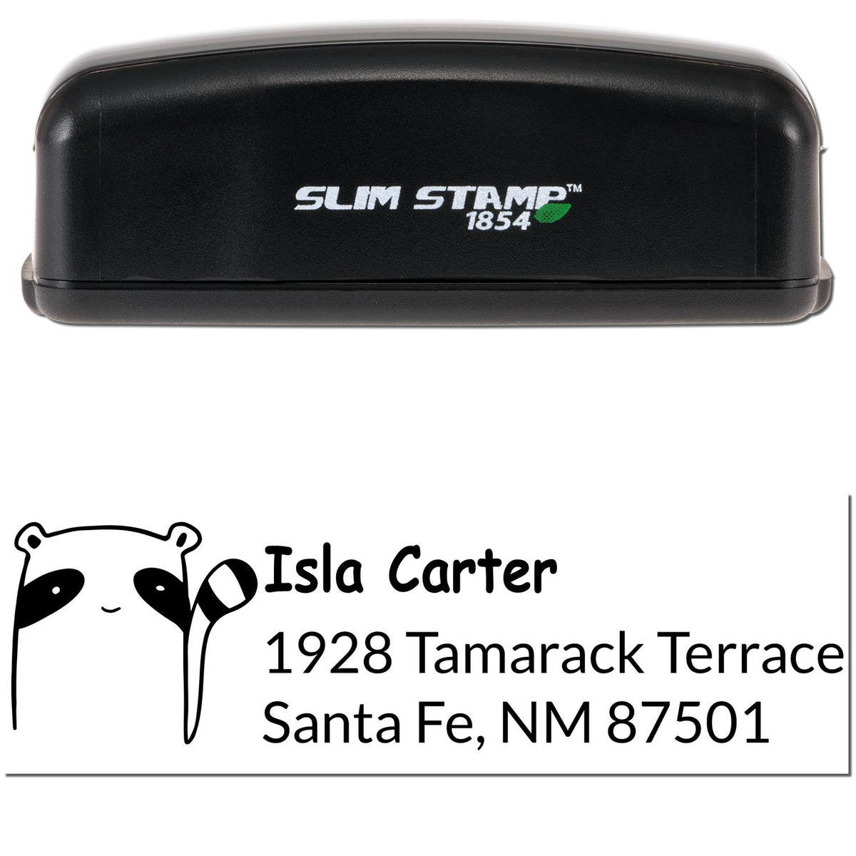 Slim Pre-Inked Renegade Racoon Handmade Mailing Stamp with customizable home stamper design. Features a black casing labeled 'Slim Stamp 1854' and a sample address with a raccoon graphic.