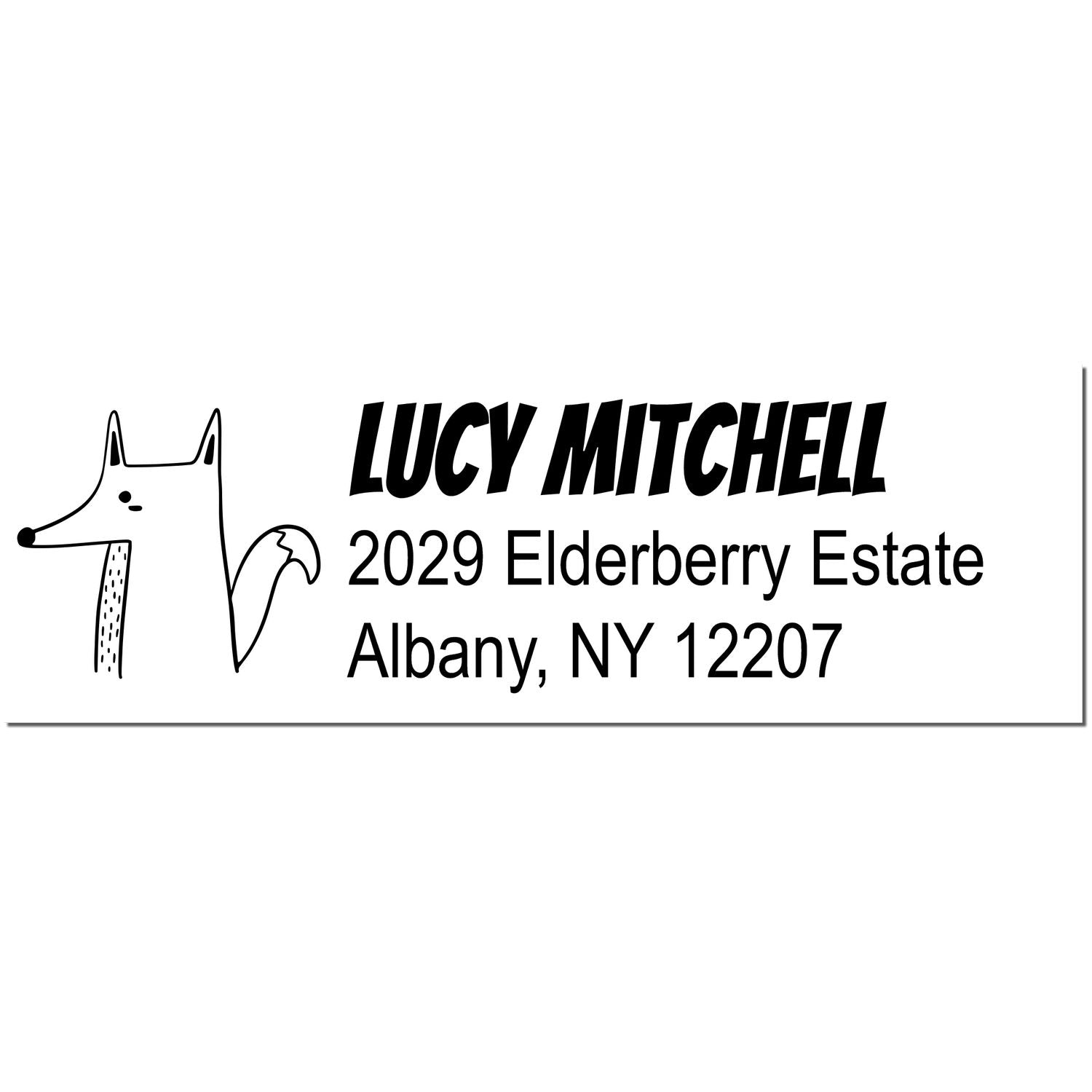 Wood handle Finicky Fox customized mailing address rubber stamp featuring a fox illustration and text: "Lucy Mitchell, 2029 Elderberry Estate, Albany, NY 12207." This custom-made return mail stamp is designed for personalized correspondence.