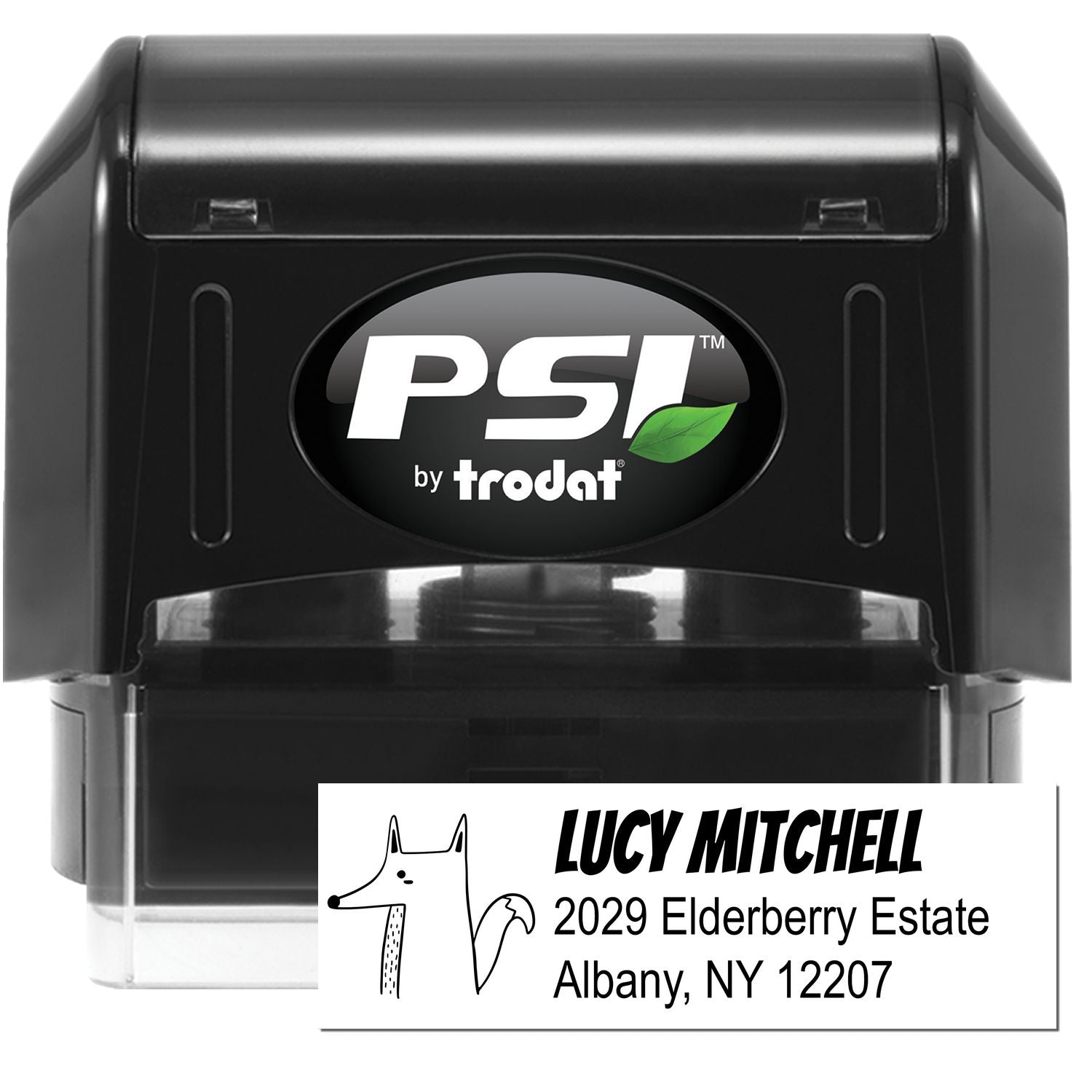 PSI Finicky Fox Customizable Return Address Pre-Inked Stamp featuring a custom-made address stamper design with a fox illustration and the name Lucy Mitchell, 2029 Elderberry Estate, Albany, NY 12207.