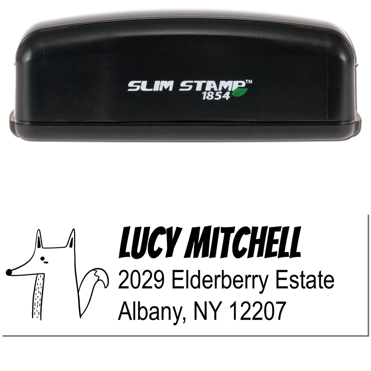 Image of a black Slim Pre-Inked Finicky Fox Handmade Mail Stamp with the text "Slim Stamp 1854" on it. Below, a Customized Home Stamper imprint shows "Lucy Mitchell, 2029 Elderberry Estate, Albany, NY 12207" with a fox illustration.