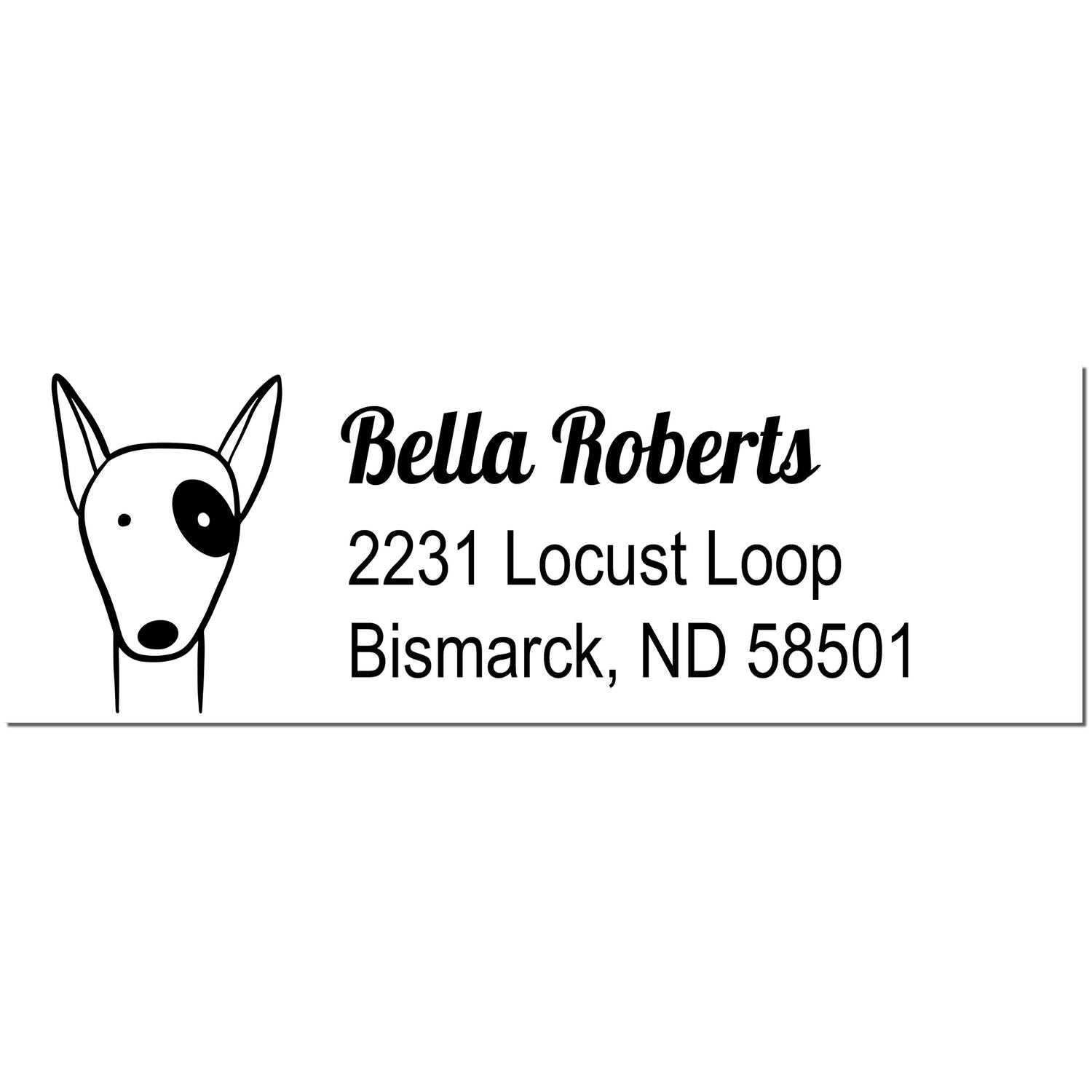 Image of a Perky Pooch Custom Address Self-Inking Stamp featuring a dog illustration. The Custom-Made Address Stamp displays "Bella Roberts, 2231 Locust Loop, Bismarck, ND 58501" in a stylish font.