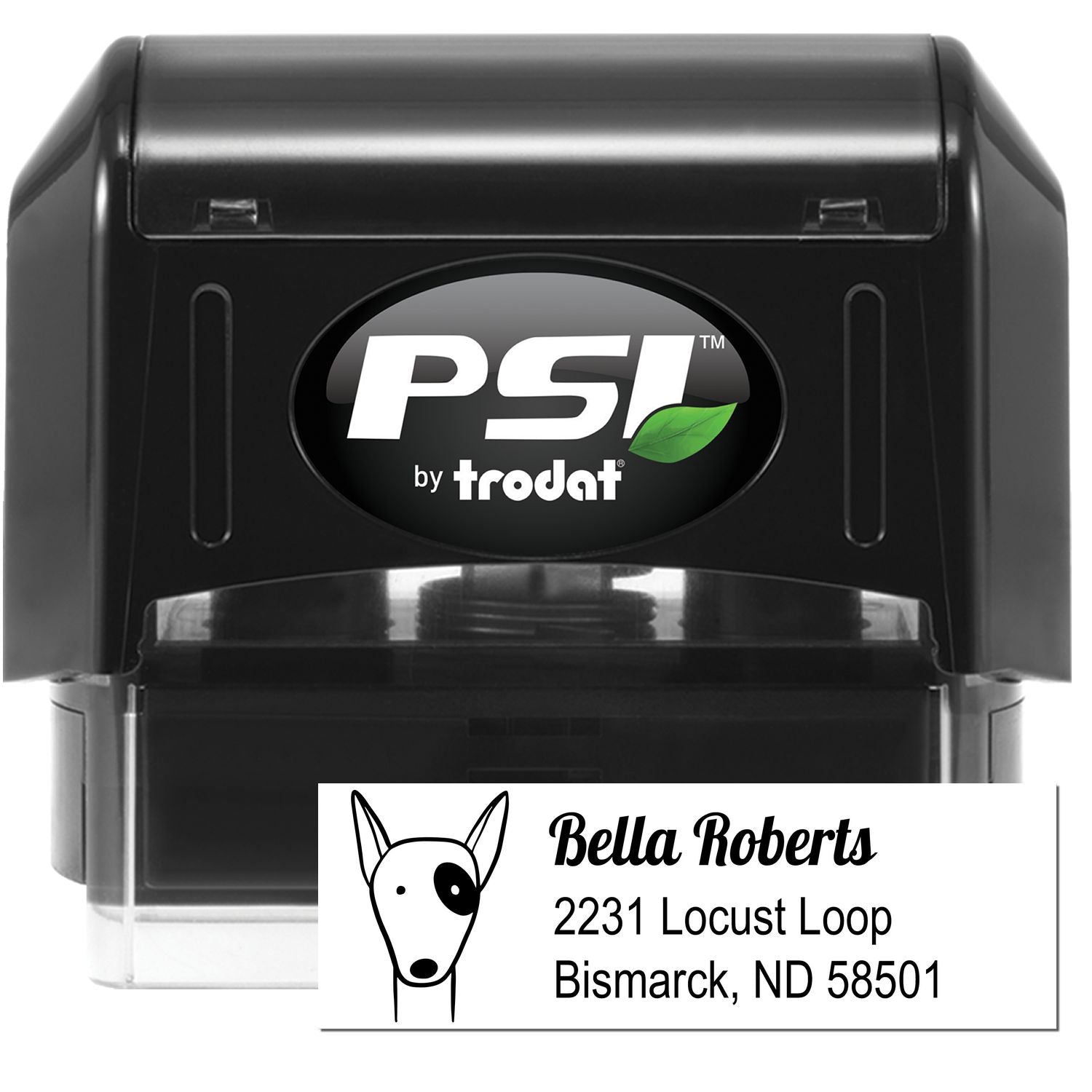 Image of a PSI Perky Pooch Customizable Mailing Pre-Inked Stamp. The stamp features a Personalized New Address Stamper design with a dog illustration and the address "Bella Roberts, 2231 Locust Loop, Bismarck, ND 58501."