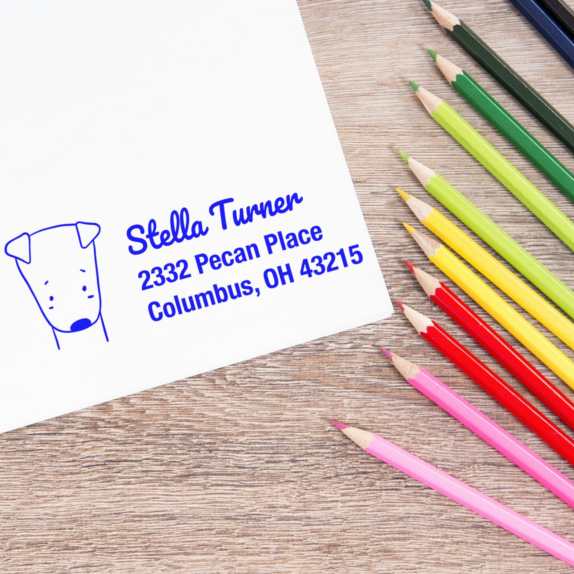 A white envelope stamped with a blue Darling Dog Custom Return Address Self-Inking Stamp featuring a dog's face and the name Stella Turner, 2332 Pecan Place, Columbus, OH 43215. Colored pencils are nearby. Ideal for a Customized Return Mail Stamper.