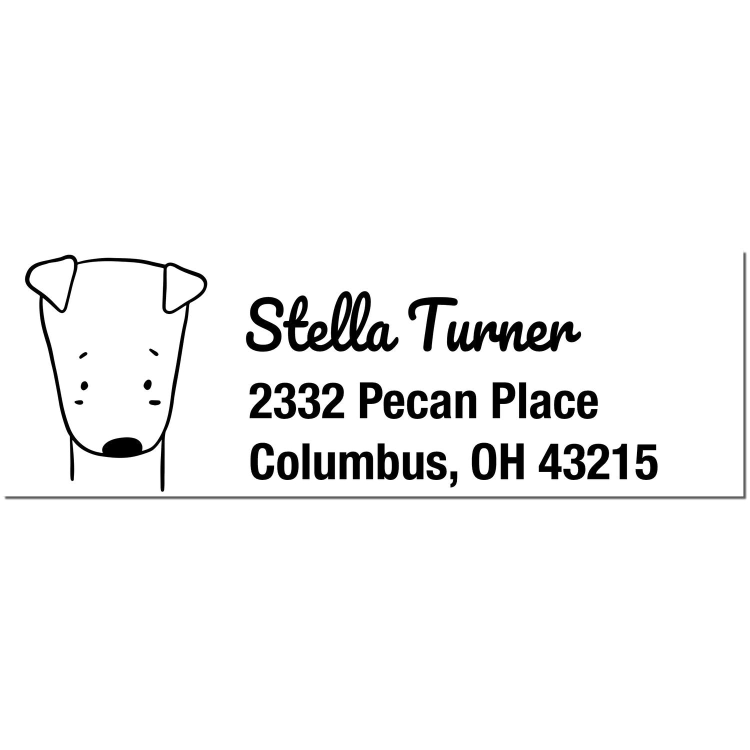 Image of a Darling Dog Custom Return Address Self-Inking Stamp featuring a simple dog illustration. The customizable home stamper displays the name "Stella Turner" with an address in Columbus, OH.