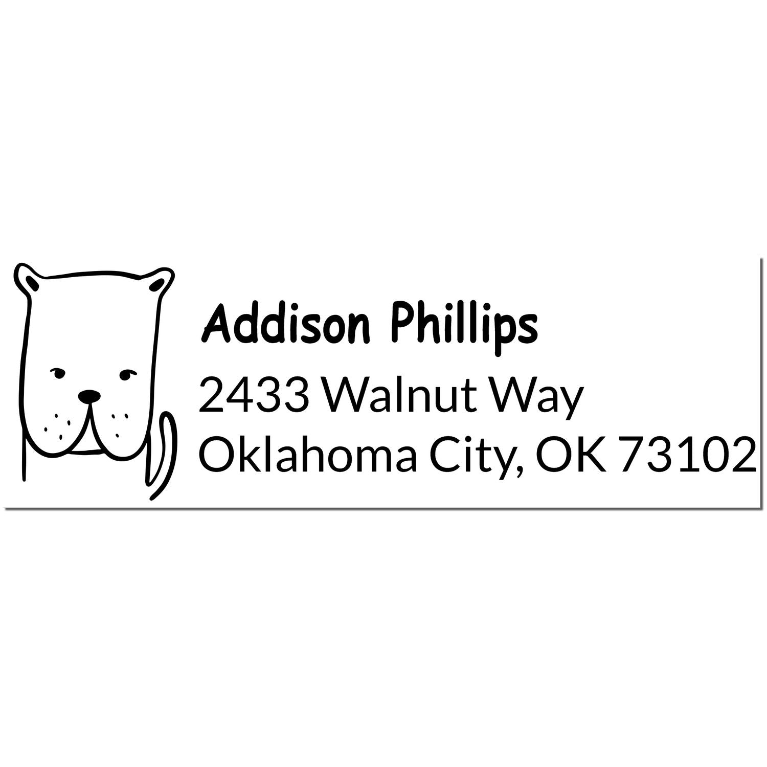 Image of a custom return mail stamp featuring a wood handle and a daring dog design. The stamp displays the name "Addison Phillips" with the address "2433 Walnut Way, Oklahoma City, OK 73102." Ideal for personalized address labels.
