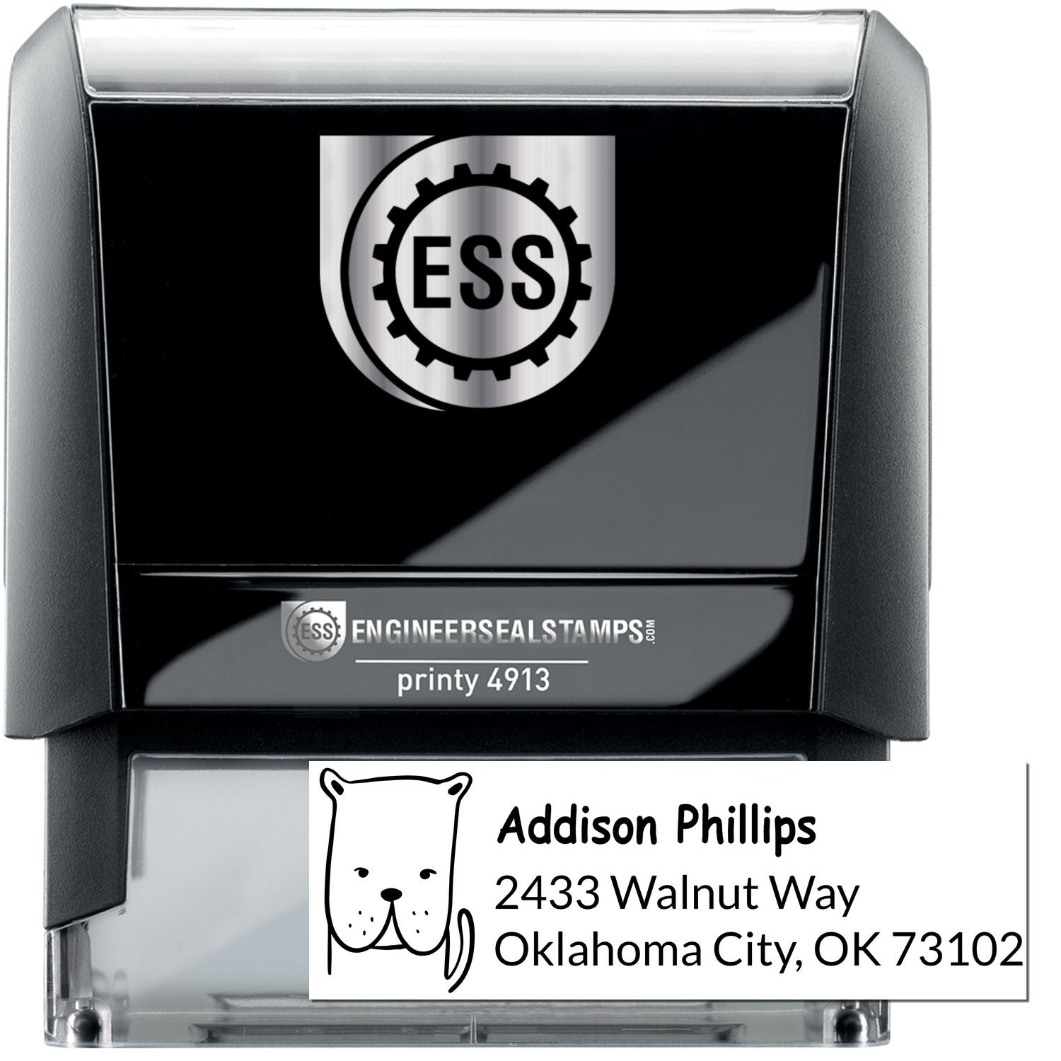 Image of a Daring Dog Custom Name and Address Self-Inking Stamp. The stamp features a dog illustration and is labeled "Addison Phillips, 2433 Walnut Way, Oklahoma City, OK 73102." This Customized Return Mail Stamp is designed for personalizing mail.