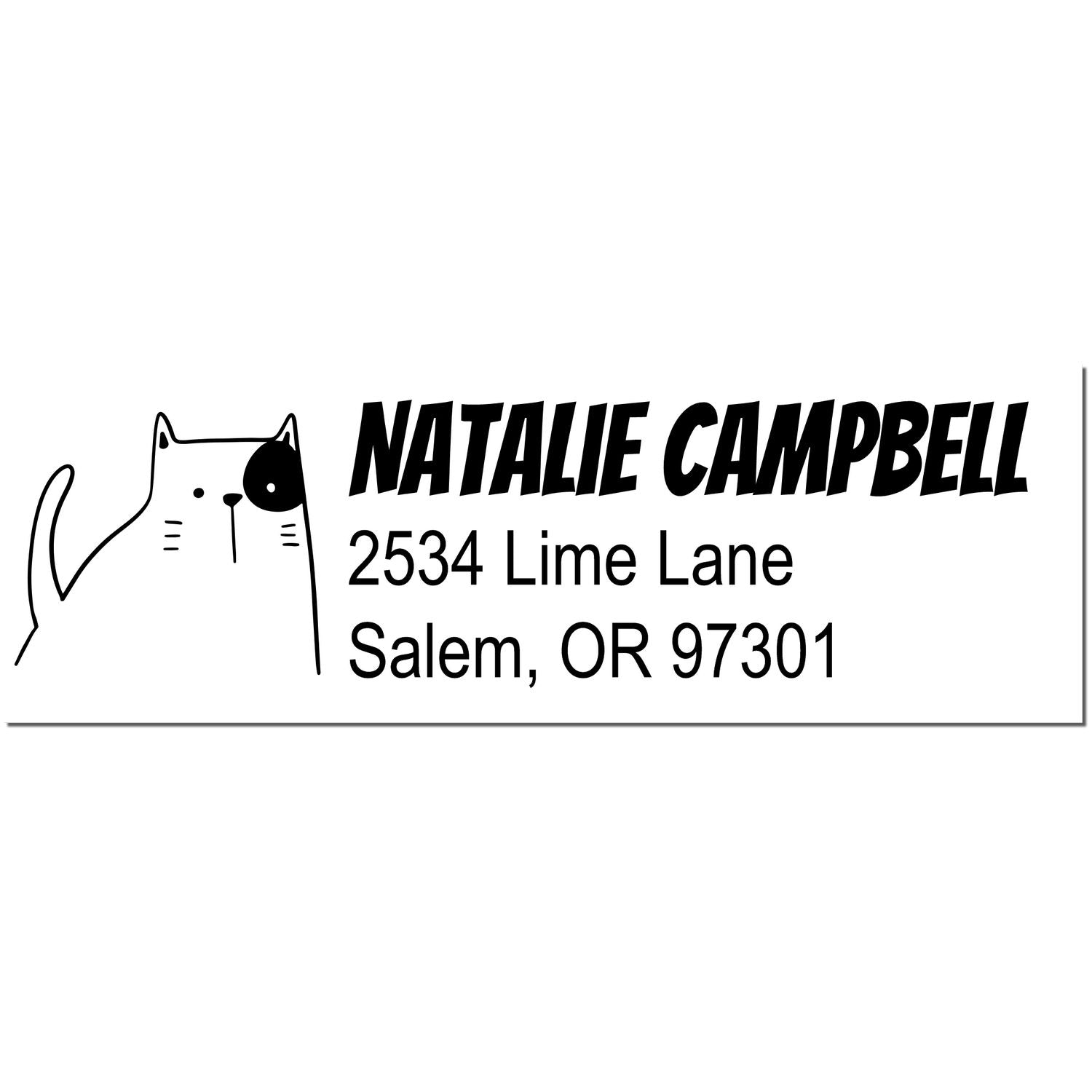 Wood Handle Charming Cat Handmade Address Rubber Stamp featuring a cute cat illustration. Personalizable Home Stamp with bold text for name and address, shown as "Natalie Campbell, 2534 Lime Lane, Salem, OR 97301."