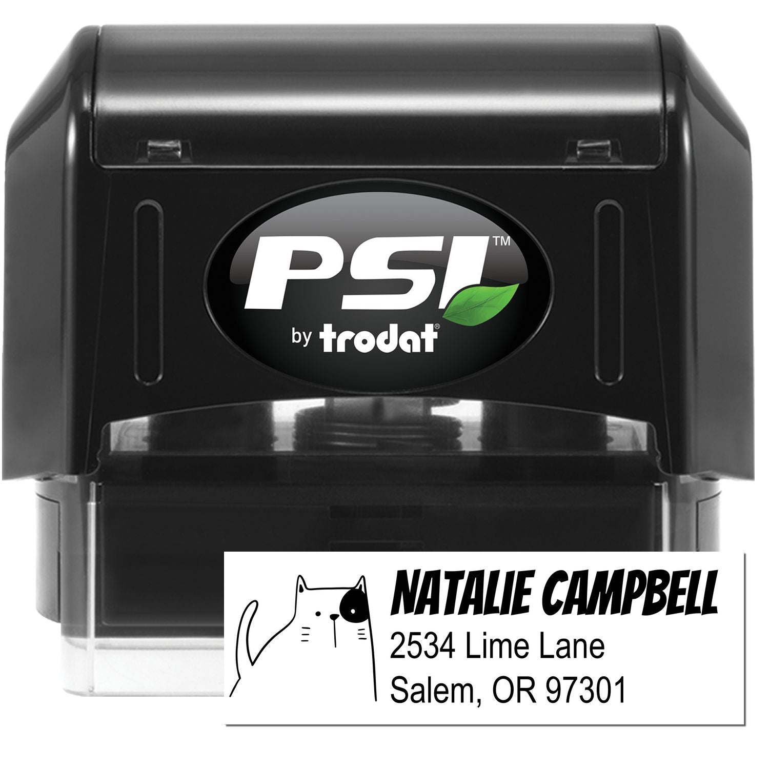 Image of a PSI Charming Cat Customizable Address Return Pre-Inked Stamp. The Customized Home Stamper features a cute cat illustration and personalized address details, ideal for adding a personal touch to mail.