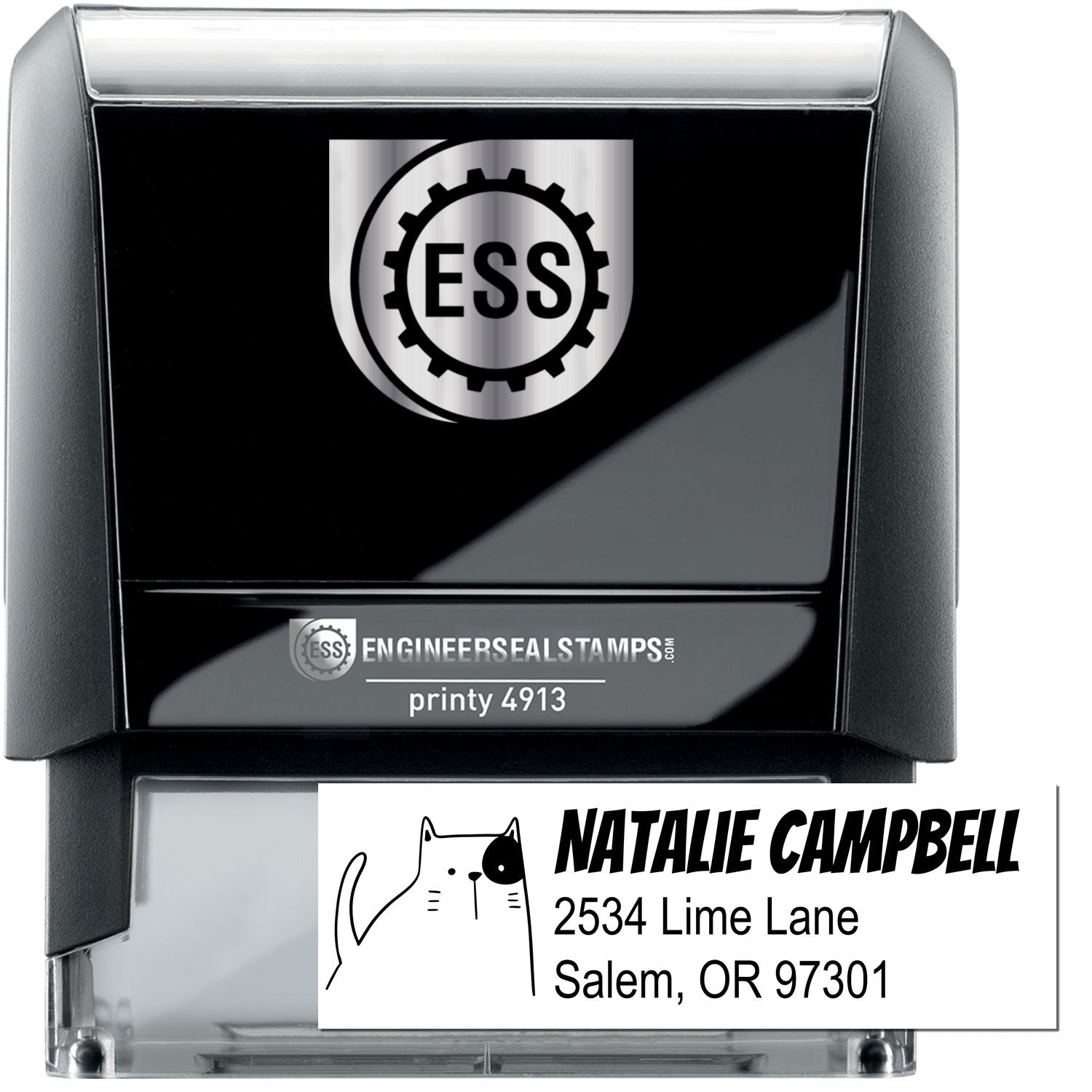 A Charming Cat Custom Mailing Self-Inking Stamp with a cute cat illustration and personalized address. The Customized Address Stamper displays "Natalie Campbell, 2534 Lime Lane, Salem, OR 97301" in black ink.