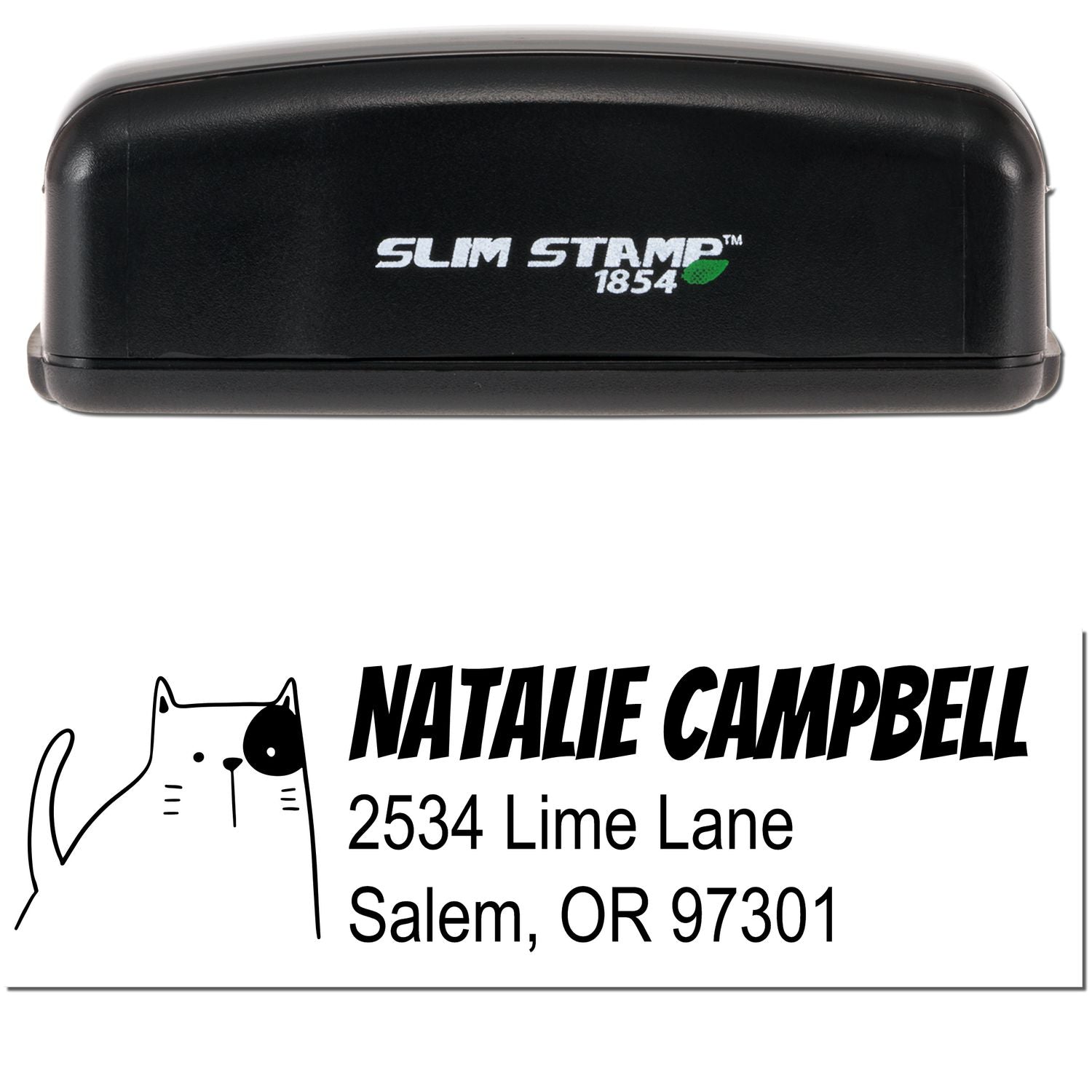 Image of a Slim Pre-Inked Charming Cat Handmade New Address Stamp featuring a custom-made home stamper design. The stamp displays a cute cat illustration with the name "Natalie Campbell" and address "2534 Lime Lane, Salem, OR 97301" in bold text.