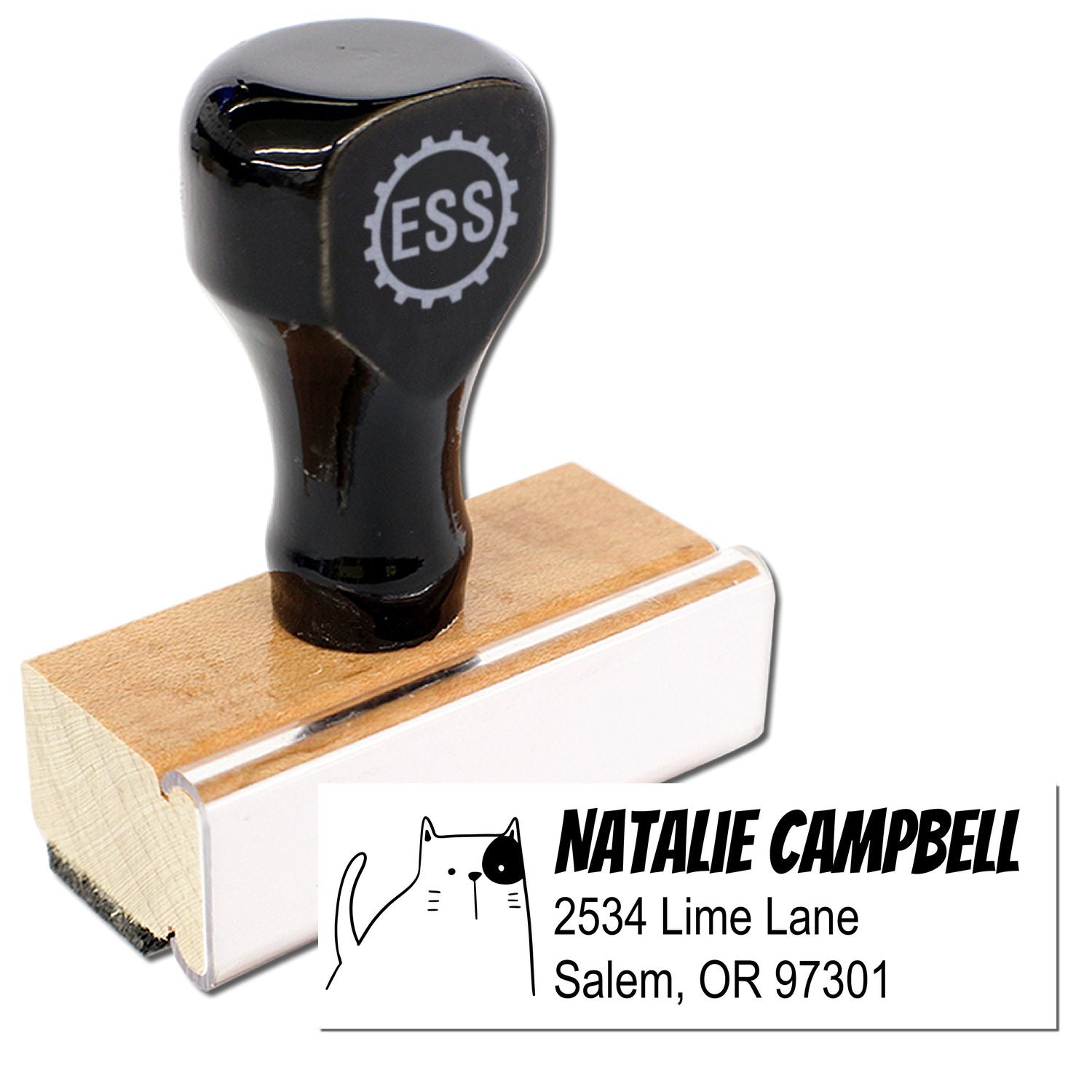 Wood Handle Charming Cat Handmade Address Rubber Stamp with a black top and wooden base. The stamp features a customizable home stamper design, including a cute cat illustration and address details.