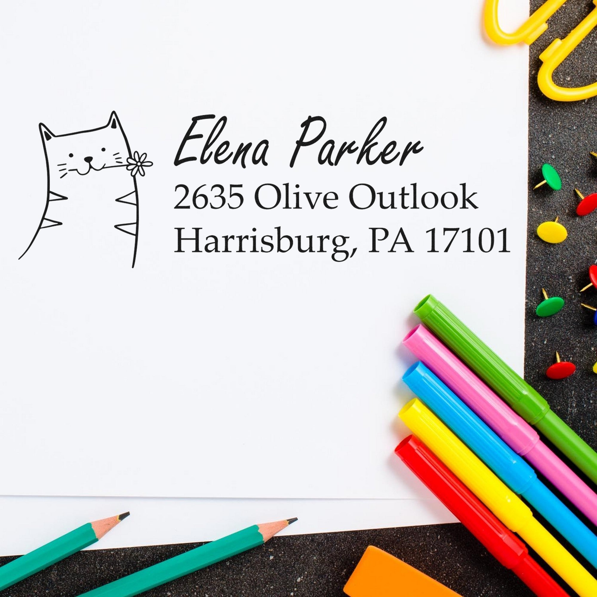 Wood handle fluffy feline handmade return address rubber stamp on white paper with "Elena Parker, 2635 Olive Outlook, Harrisburg, PA 17101" text. Custom mailing stamp design features a cute cat illustration. Colorful pens and paperclips nearby.
