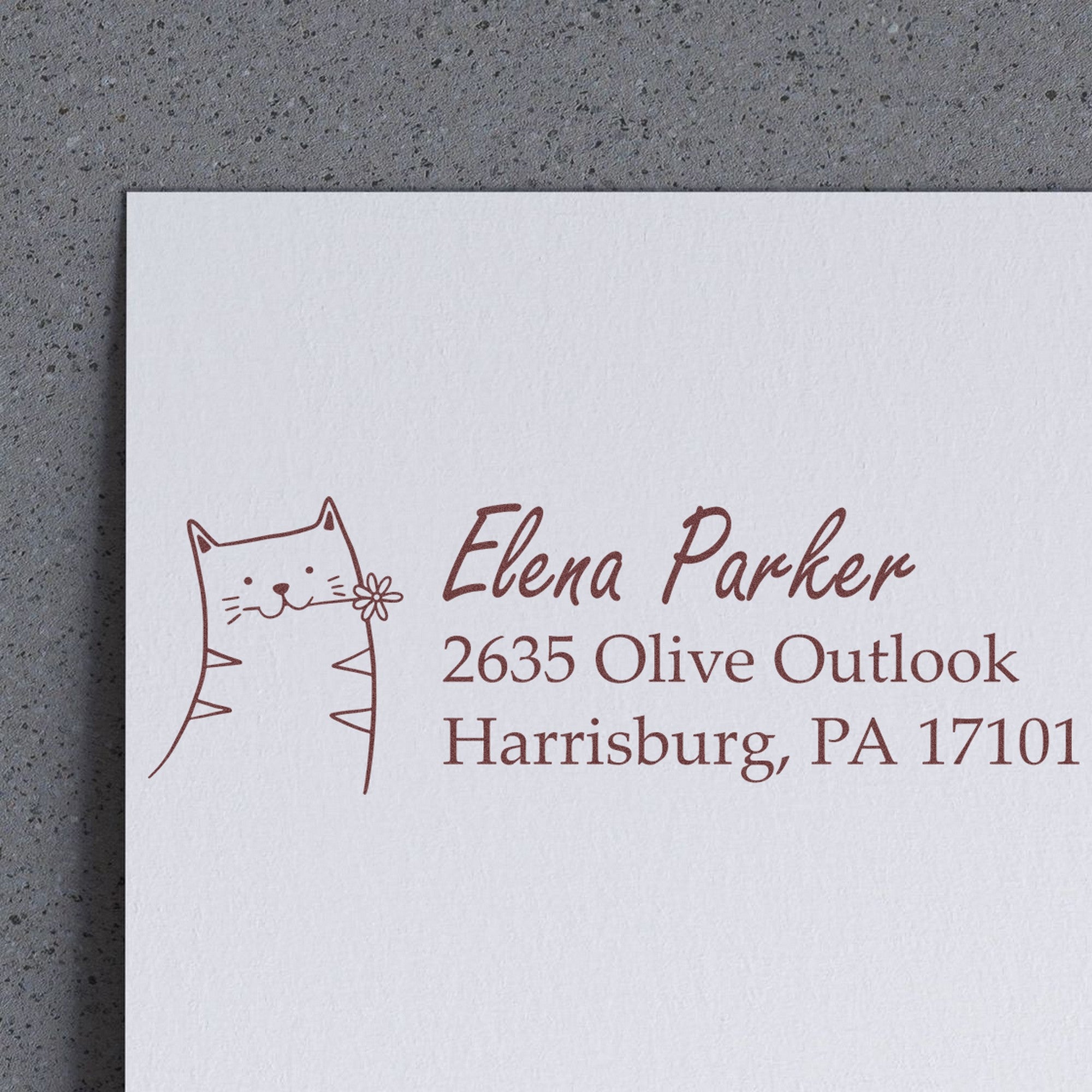 Wood Handle Fluffy Feline Handmade Return Address Rubber Stamp on a gray surface, featuring a cute cat illustration and custom-made new address stamp with the name Elena Parker, 2635 Olive Outlook, Harrisburg, PA 17101, in elegant script.