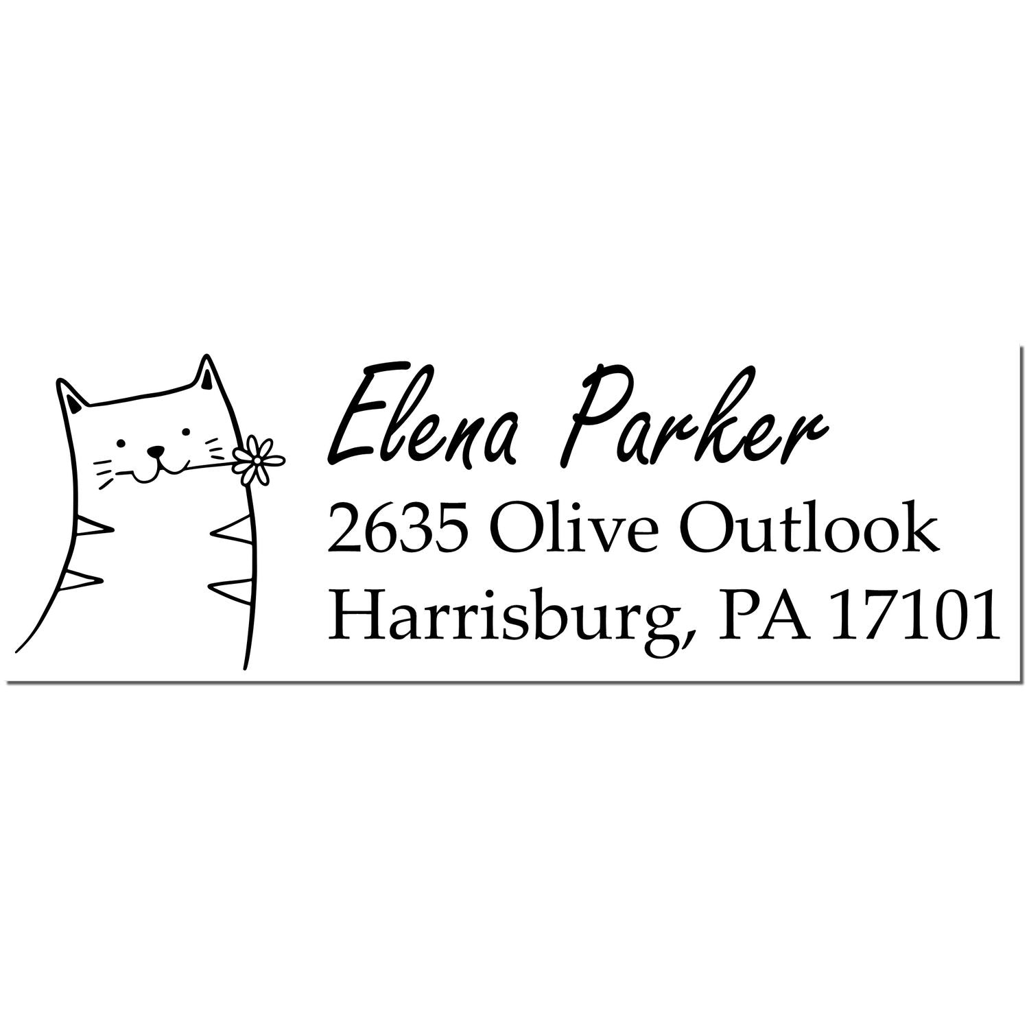 Wood handle fluffy feline handmade return address rubber stamp featuring a cute cat illustration. Custom-made return mail stamp with the name "Elena Parker" and address "2635 Olive Outlook, Harrisburg, PA 17101" in elegant script.