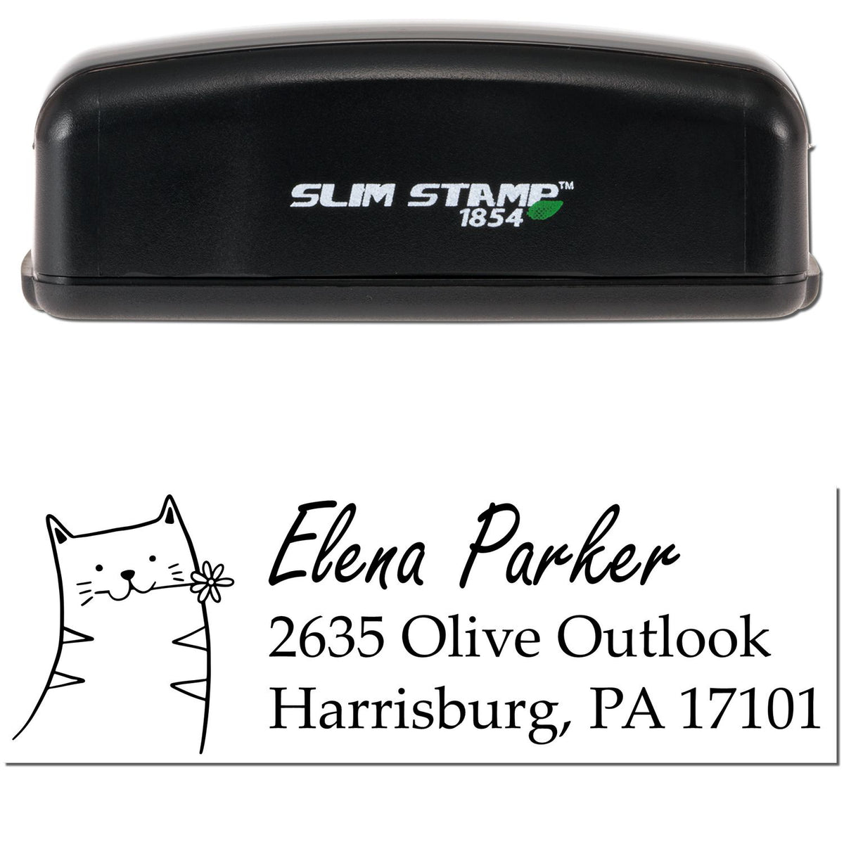 Slim Pre-Inked Fluffy Feline Handmade Home Address For Envelopes Stamp shown with a black casing. Customized Return Mail Stamper design features a cute cat illustration and personalized address for Elena Parker, 2635 Olive Outlook, Harrisburg, PA 17101.