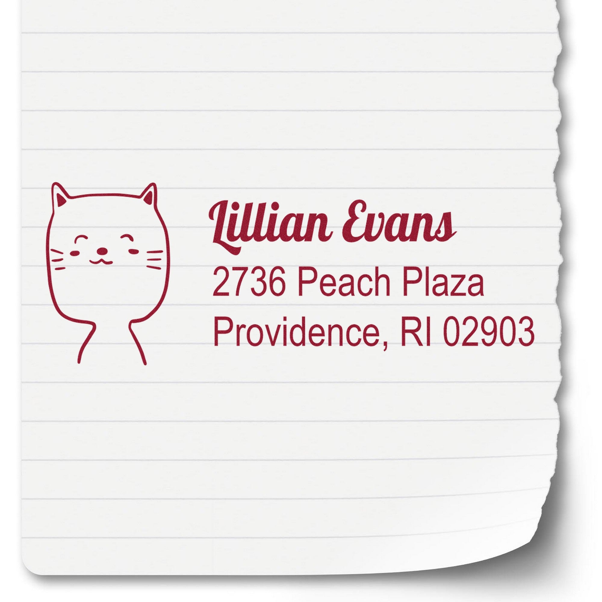 Happy Cat Custom Home Address Self-Inking Stamp featuring a cute cat illustration and personalized text. This Custom-Made Return Mail Stamper displays the name "Lillian Evans" with an address on lined paper, showcasing its crisp, clear imprint.