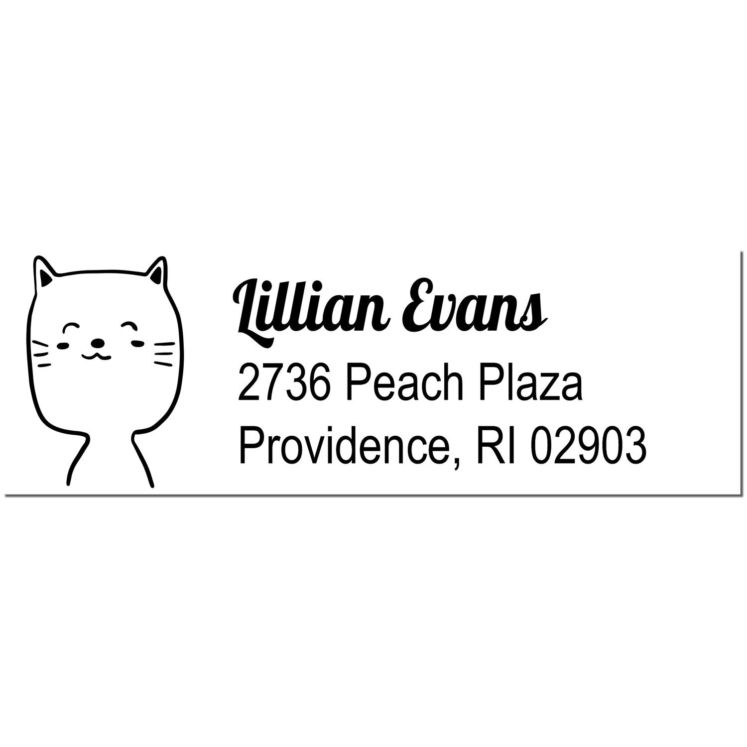 PSI Happy Cat Customizable Mail Address Pre-Inked Stamp featuring a cute cat illustration and personalized text. The Customized Mailing Stamper displays the name "Lillian Evans" with an address in a stylish font.