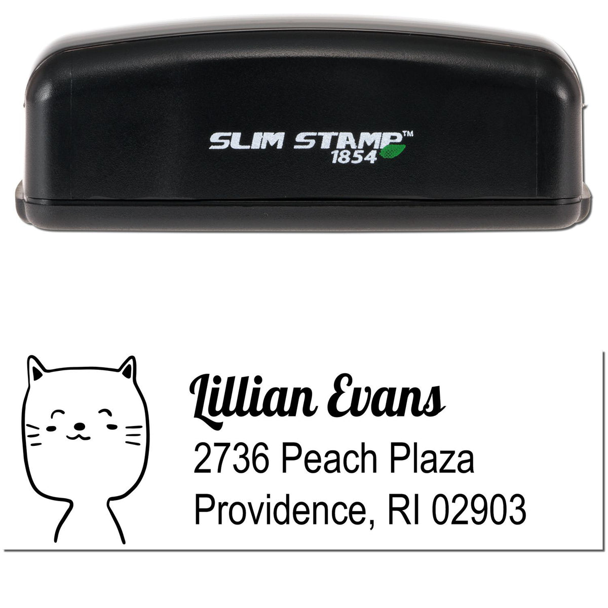 Slim Pre-Inked Happy Cat Handmade Address Label Stamp featuring a cute cat illustration. Personalized New Address Stamper with the name Lillian Evans and address 2736 Peach Plaza, Providence, RI 02903. Black casing with "Slim Stamp 1854" text.