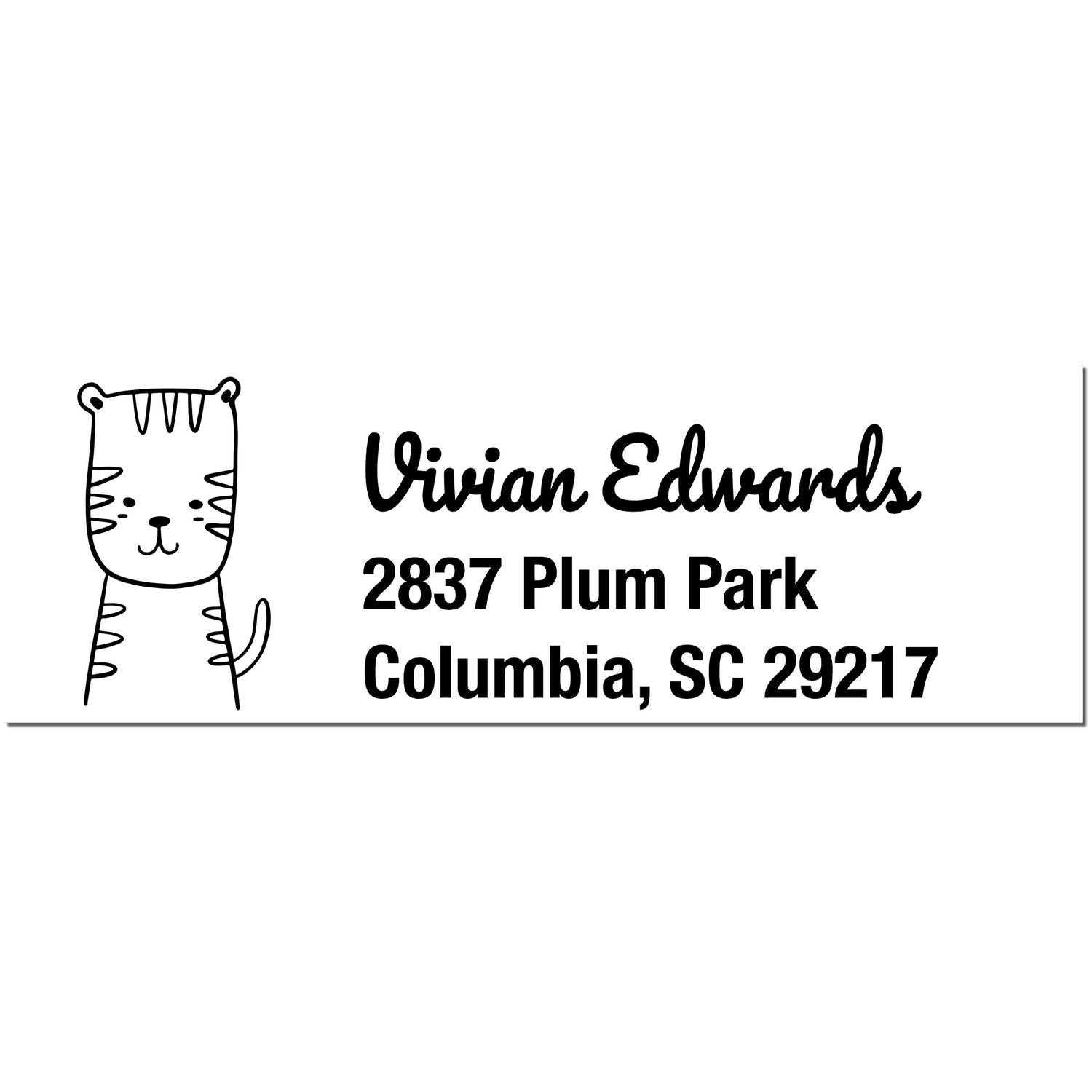 Image of a customizable home stamp featuring a wood handle terrific tiger handmade mailing rubber stamp design. The stamp imprint shows a cute tiger illustration alongside the name "Vivian Edwards" and an address in Columbia, SC.