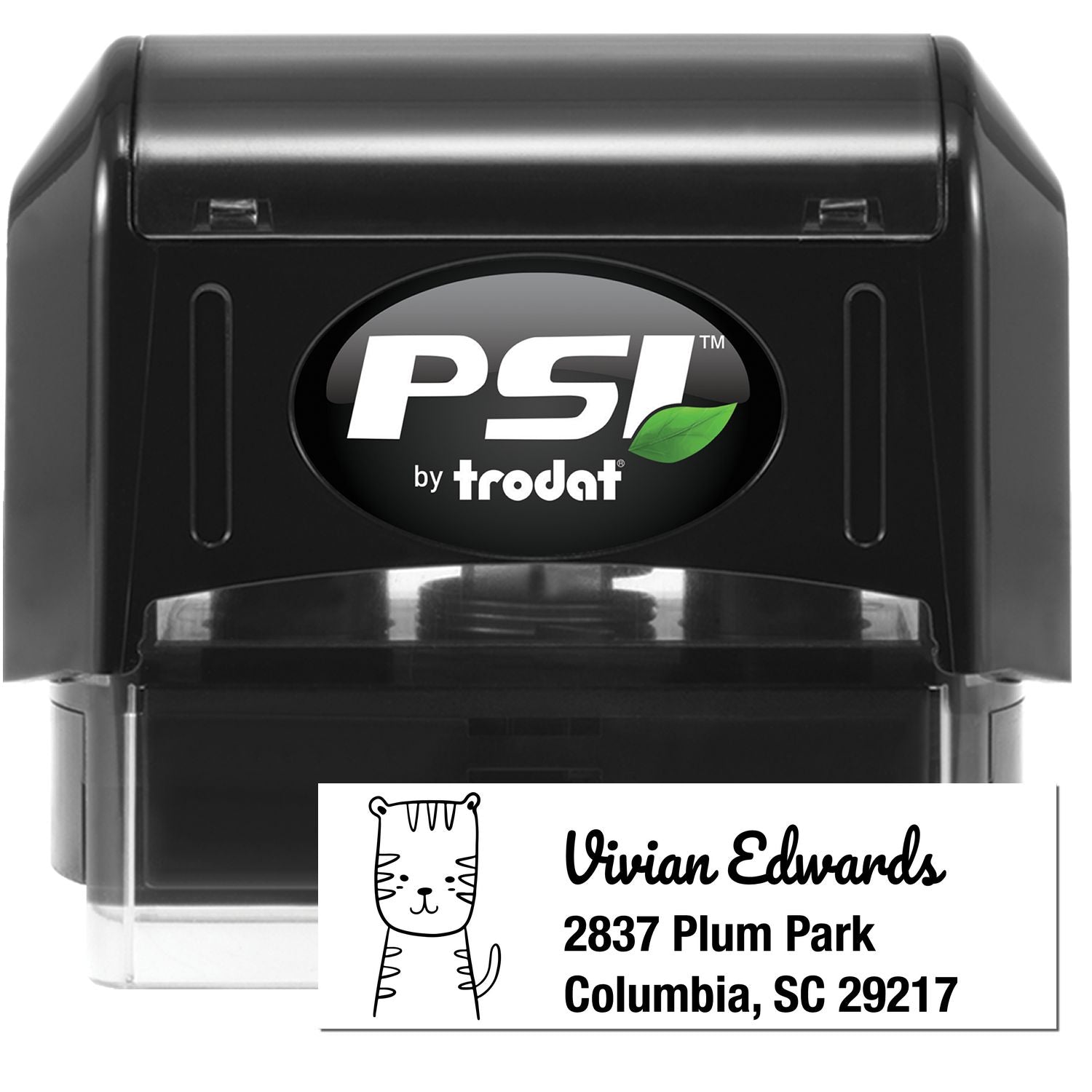 Image of a PSI Terrific Tiger Customizable New Address Pre-Inked Stamp. The black stamp features a custom mailing stamp design with a tiger illustration and sample address: "Vivian Edwards, 2837 Plum Park, Columbia, SC 29217."