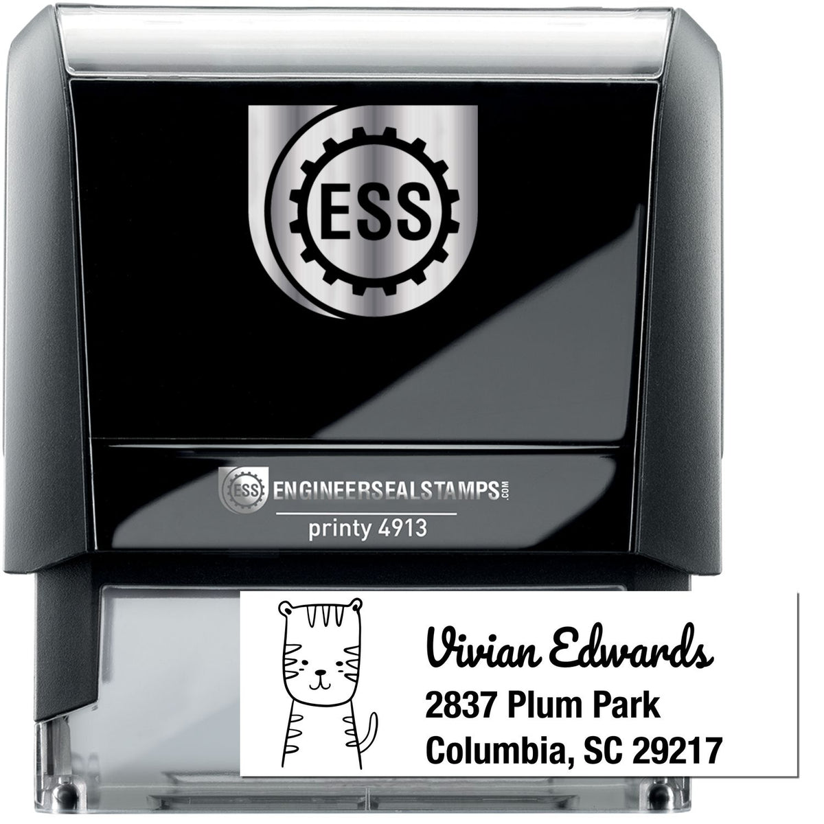 Terrific Tiger Custom Address Return Self-Inking Stamp featuring a cute tiger illustration. The Custom Address Stamper displays "Vivian Edwards, 2837 Plum Park, Columbia, SC 29217" in a stylish font. The stamp is black with a clear base.