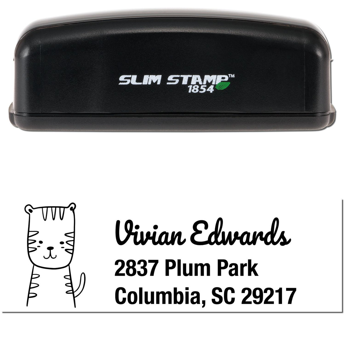 Image of a Slim Pre-Inked Terrific Tiger Customize Address Stamp. The black stamper is labeled "Slim Stamp 1854." Below, a sample imprint shows a personalizable new address stamper design with a cute tiger illustration and address details.