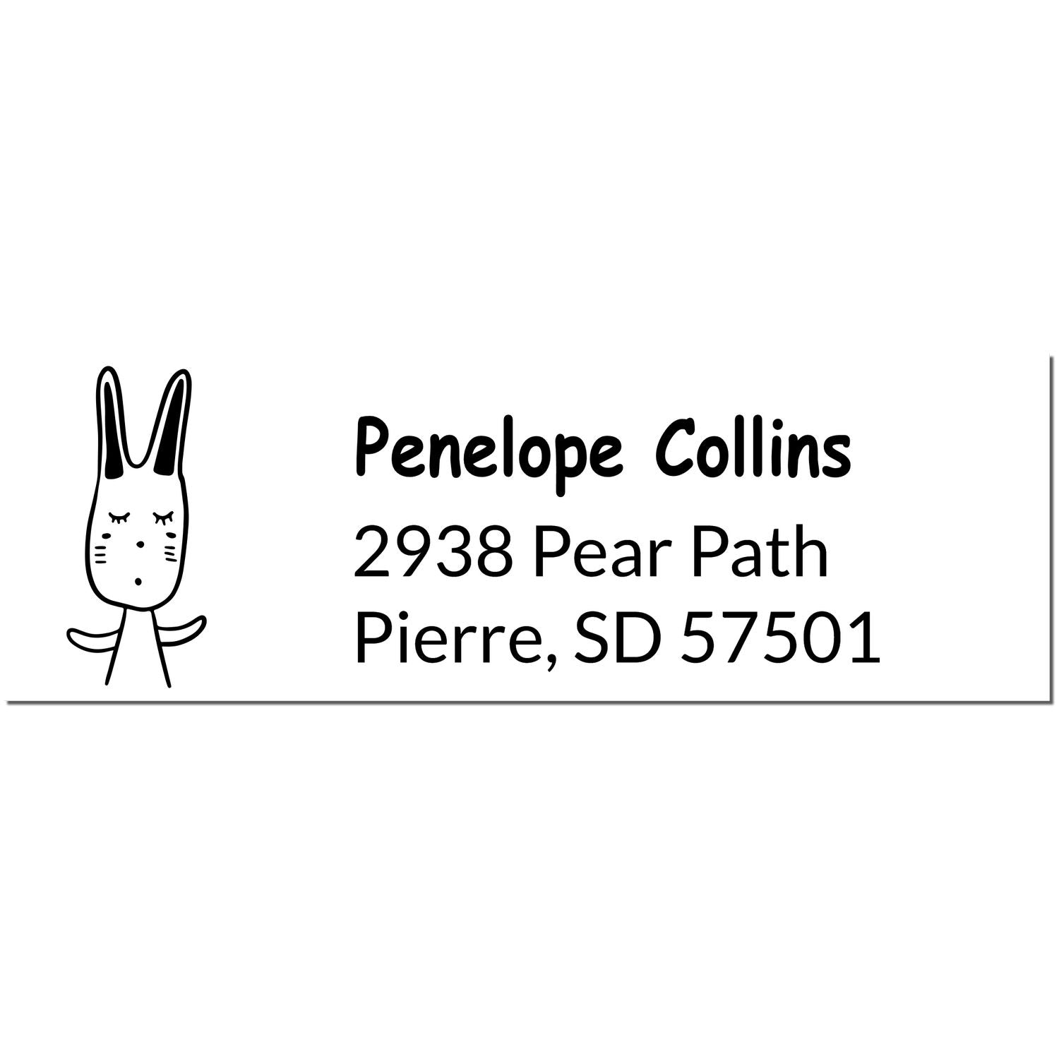 PSI Bouncy Bunny Customizable Home Address For Envelopes Pre-Inked Stamp featuring a cute bunny illustration. The customizable mailing stamp displays the name Penelope Collins and address 2938 Pear Path, Pierre, SD 57501 in bold, clear font.