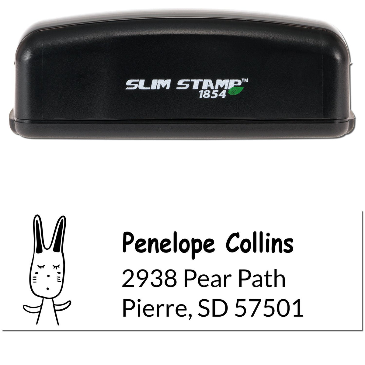 Image of a Slim Pre-Inked Bouncy Bunny Customize Return Address Stamp. The stamp features a personalizable return mail stamp design with a cute bunny illustration and sample address for Penelope Collins, 2938 Pear Path, Pierre, SD 57501.