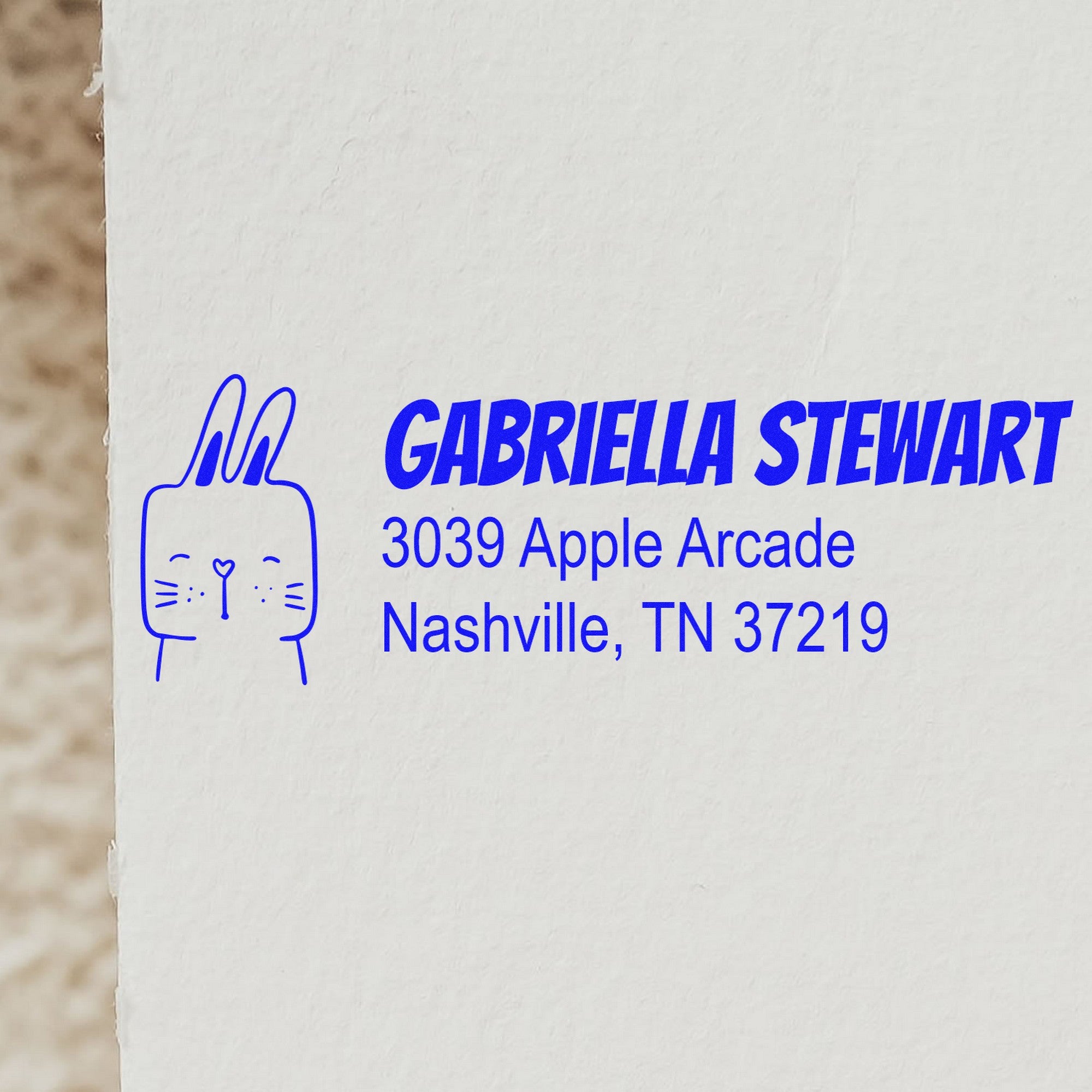 Wood Handle Fuzzy Rabbit Handmade Home Address Rubber Stamp used on a package. The stamp features a cute rabbit design and customizable new address stamper with the name Gabriella Stewart and address 3039 Apple Arcade, Nashville, TN 37219 in blue ink.
