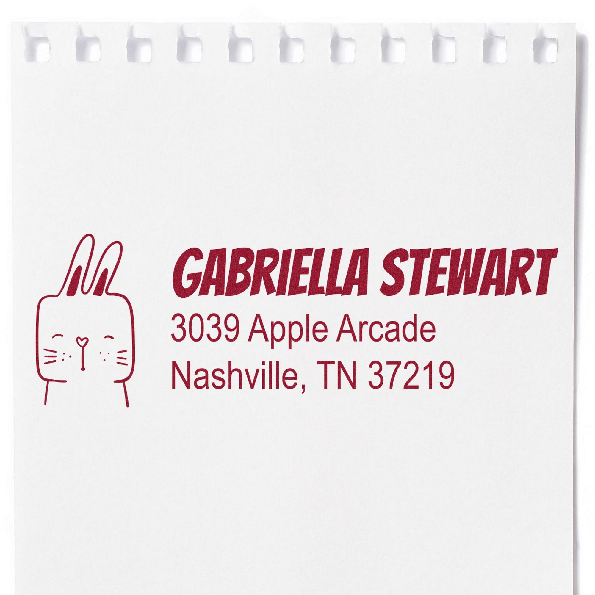 Fuzzy Rabbit Custom Mail Address Self-Inking Stamp featuring a cute rabbit design and bold red text. The Customized Return Mail Stamp displays the name "Gabriella Stewart" with an address in Nashville, TN, on a white notepad.